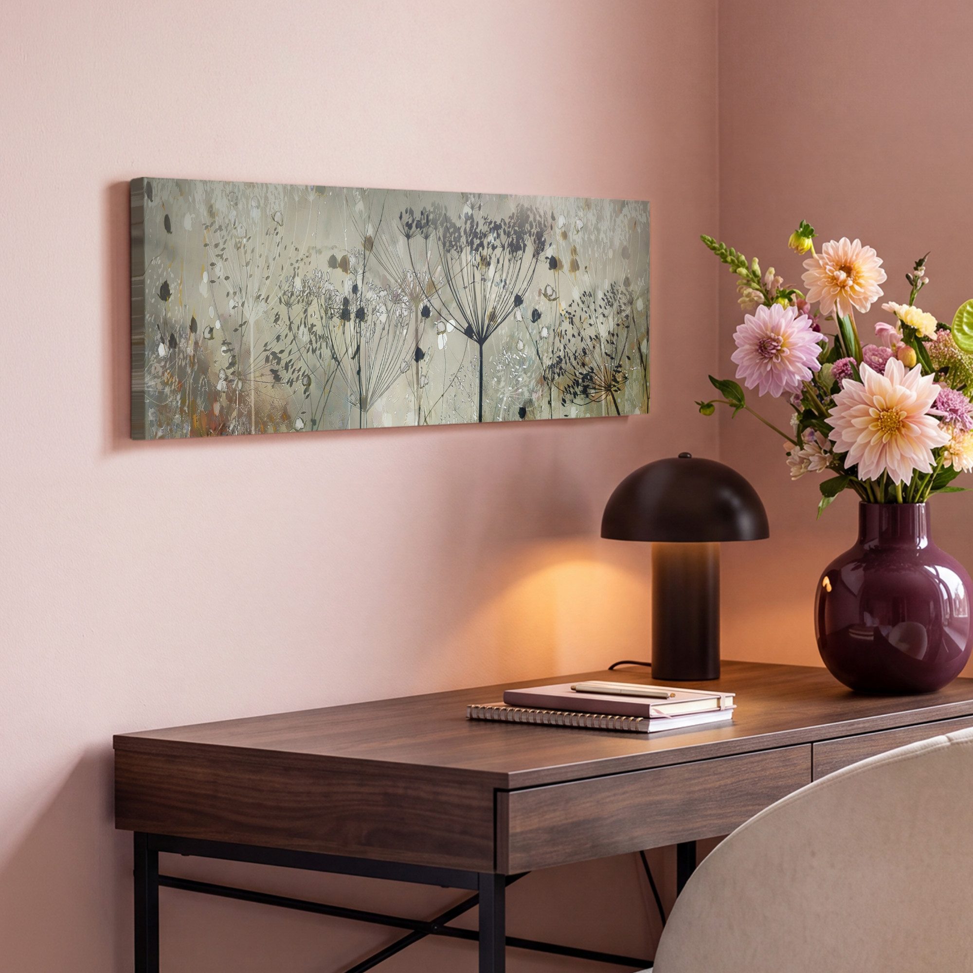 OneMillionCanvasses® Leinwandbild Panorama Blumen - Grau - Natur - Kunst, Fotodruck (1 St), Wandbild, Deko Schlafzimmer Wohnzimmer Flur 60x20 cm – Bild 4 von 5
