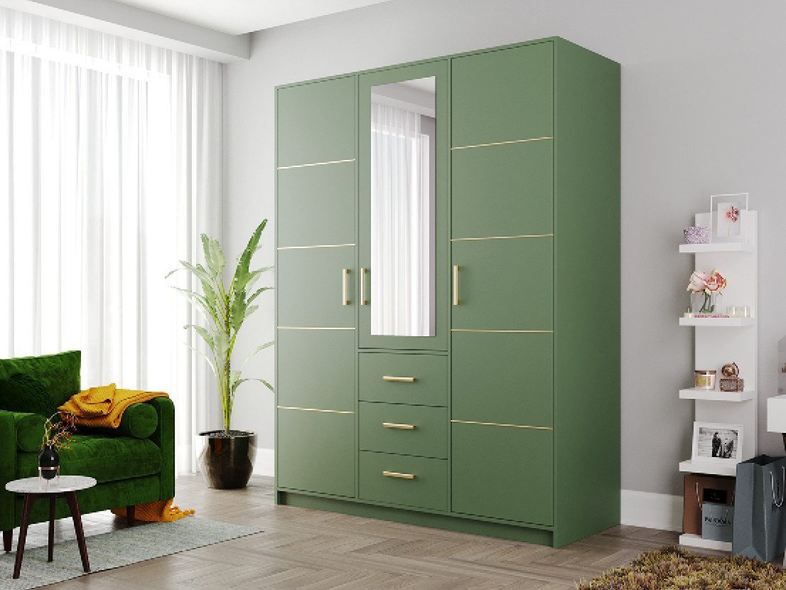 Beautysofa Kleiderschrank BALID D3 Schrank mit Spiegel (Drehtürenschrank mit Einlegeböden, Kleiderstange und 3 Schubladen, 3-türig) Breite: 147 cm