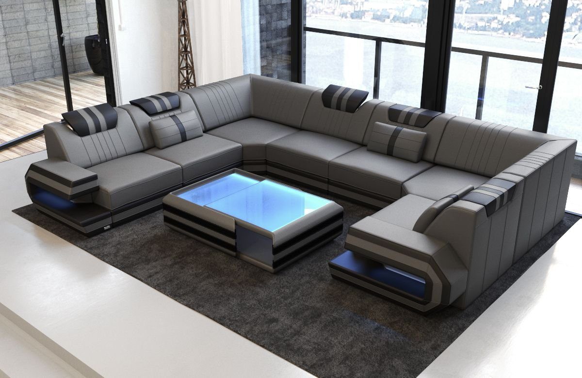 Sofa Dreams Wohnlandschaft Ragusa - U Form Ledersofa, Couch, mit LED,  Designersofa