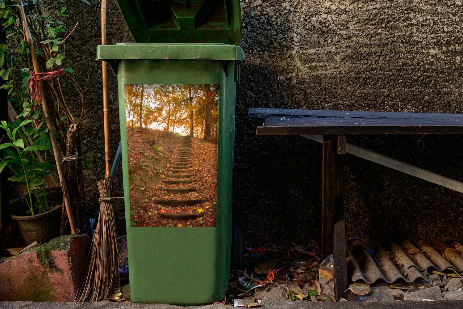 MuchoWow Wandsticker Herbst - Wald Mülleimer-aufkleber, Sticker, St), (1 Mülltonne, - Abfalbehälter Container, Laub