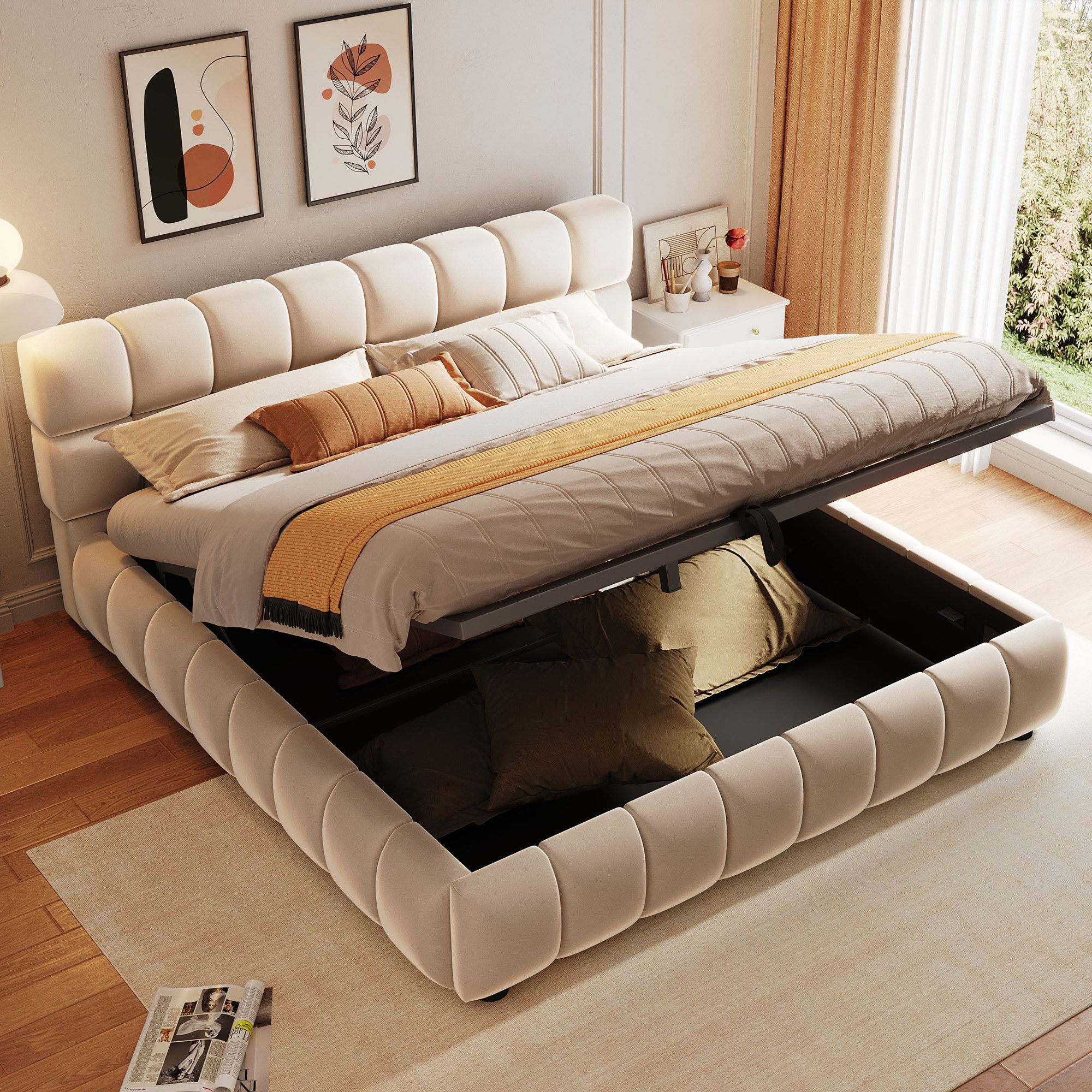 Merax Polsterbett 140x200cm mit hydraulischer Stauraum (1-tlg), Doppelbett mit Kopfteil & Samtbezug, Mehrzweckbett Stauraumbett – Bild 4 von 5