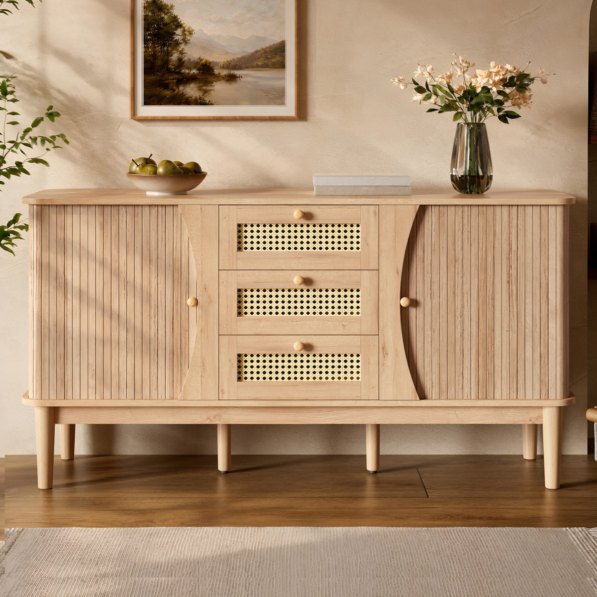 KLAM HOME Sideboard Rattankommode, Kommode mit Schiebetüren, mit verstellbaren Einlegeböden und abgerundeter Platte