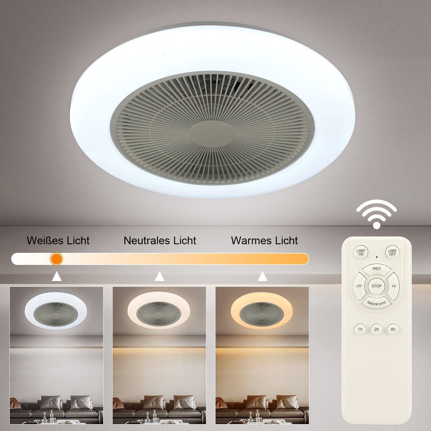 LETGOSPT Deckenleuchte Deckenventilator mit Beleuchtung 60W Dimmbar mit Fernbedienung, Ø50 cm, LED fest integriert, RGB Farbwechsel, Kaltweiß, Neutralweiß, Warmweiß, mit Bluetooth,Schlafzimmer Leise Ventilator für Wohnzimmer Küche Hotel