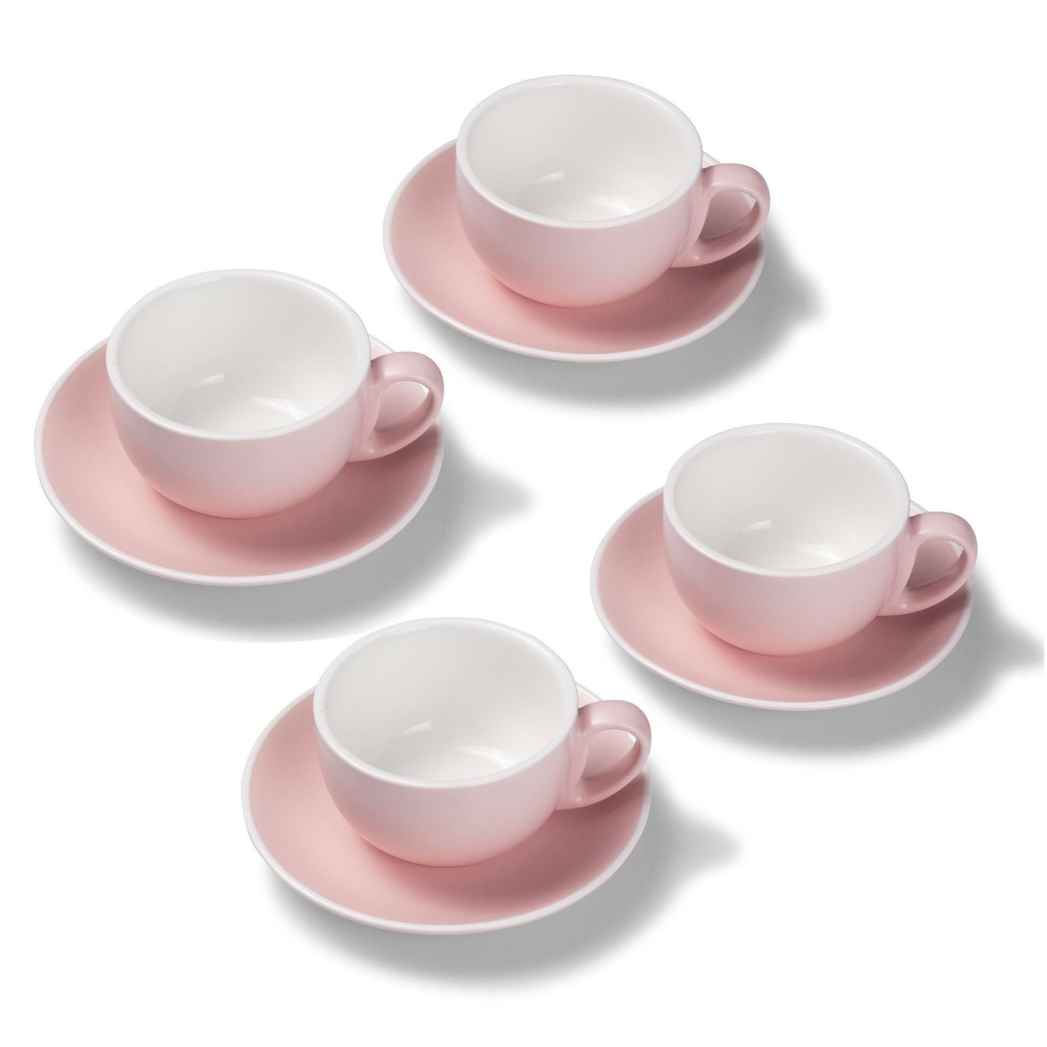 Tasse 4er Milchkaffeetassen-Set, Rosa matt 350 ml mit Untertasse, Porzellan, spülmaschinenfest,extra dickwandig