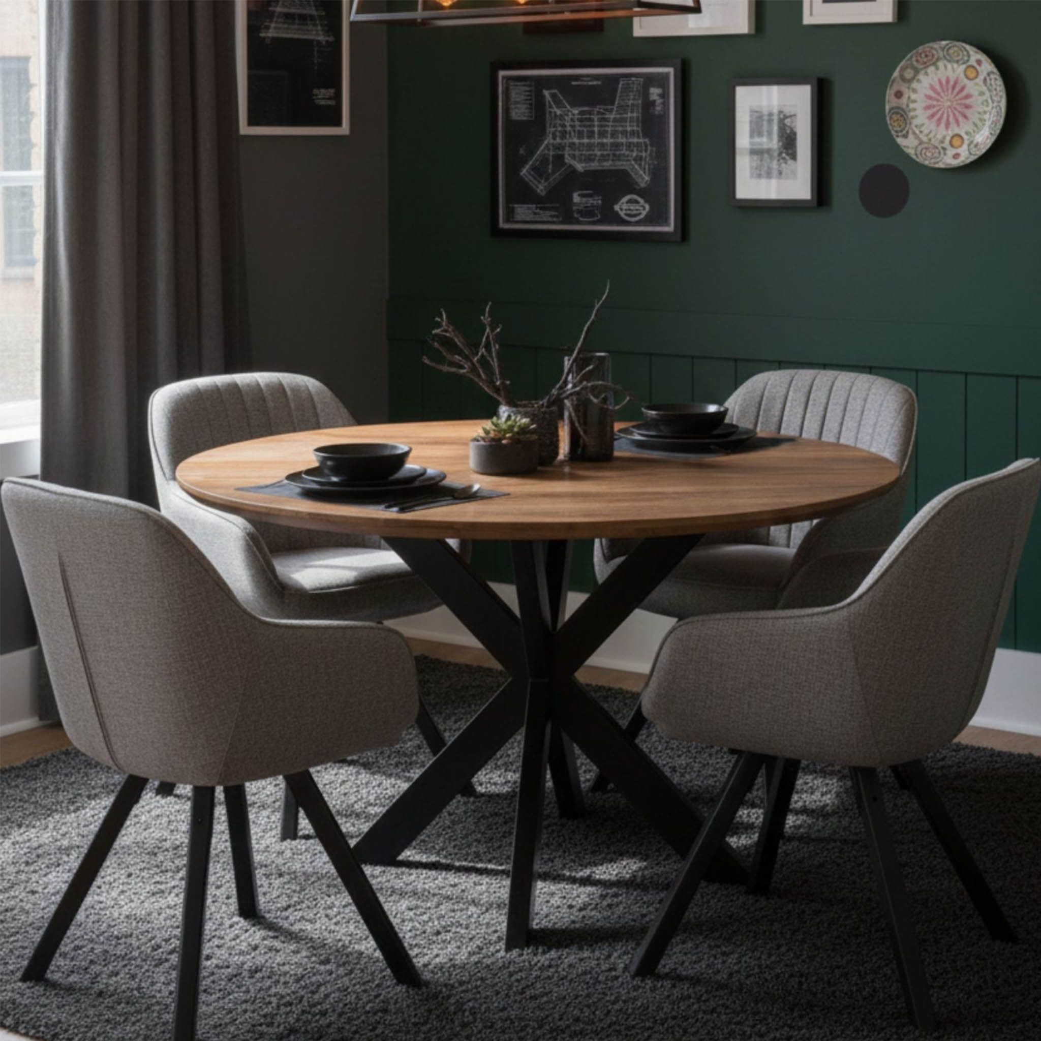 bene living Esszimmer-Set Massivholztisch Avola und 4er Set Diningsessel Matera hellgrau, (5-teiliges Möbelset mit Esstisch und vier Sesseln, 5-St., Möbelset, bestehend aus rundem Esstisch und vier Sesseln), runder Mangoholz-Esstisch - FSC®-zertifizierte Polstersessel