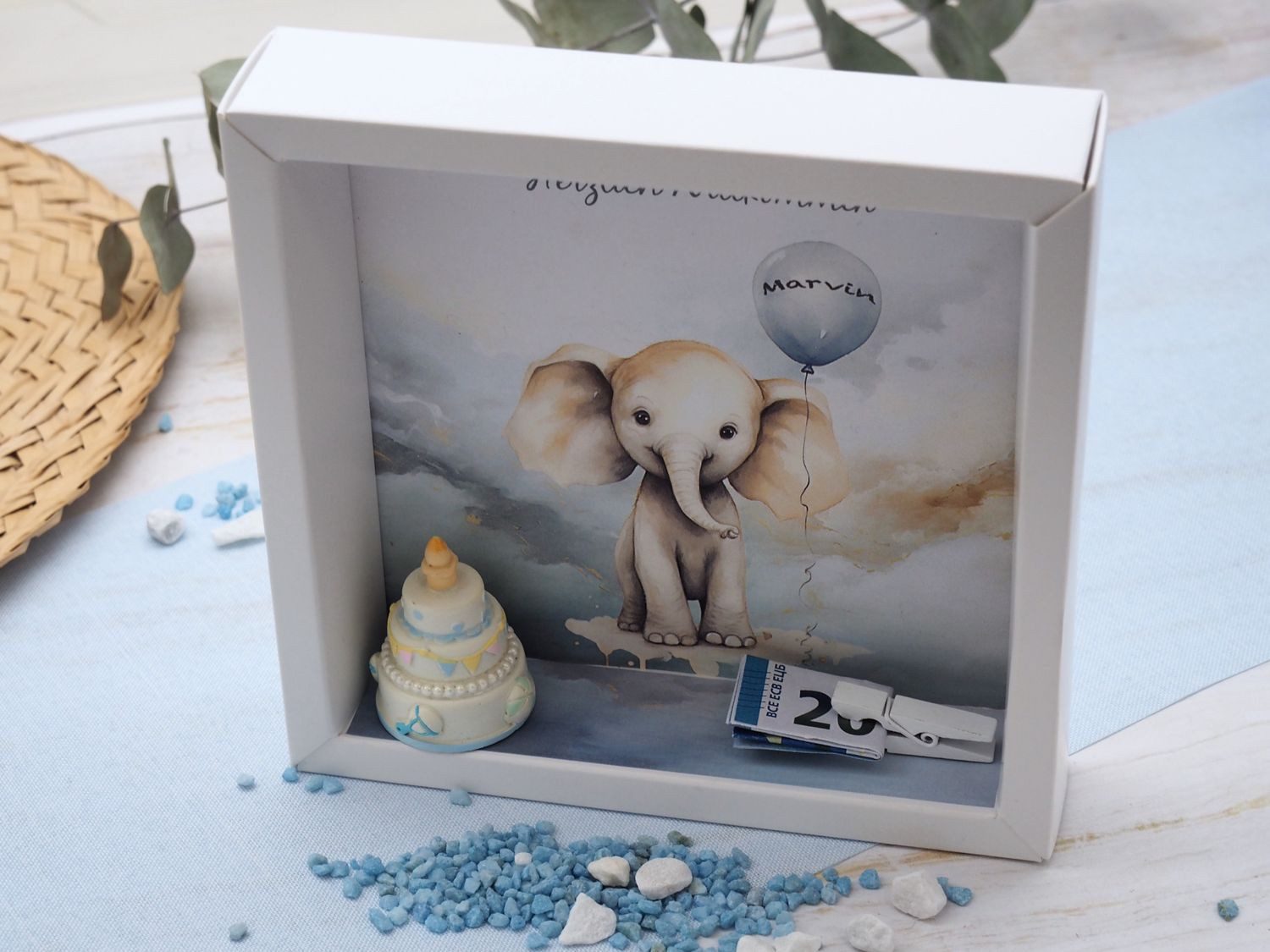 ZauberDeko Geschenkbox Taufe Geldgeschenk Verpackung MIT NAMEN Elefant Blau Geburt