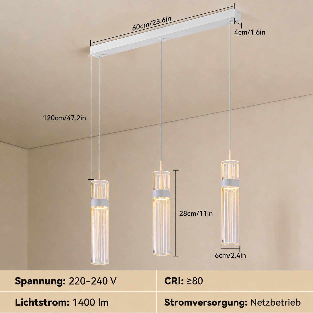 BlingBin LED Pendelleuchte 3-flammig Hängeleuchte 14 W Acryl-Kronleuchter, 3 Lichtfarben mit Memoryfunktion, LED fest integriert, Neutralweiß, Warmweiß, Tageslichtweiß, weiße Hängelampe für Esszimmer und Kücheninsel