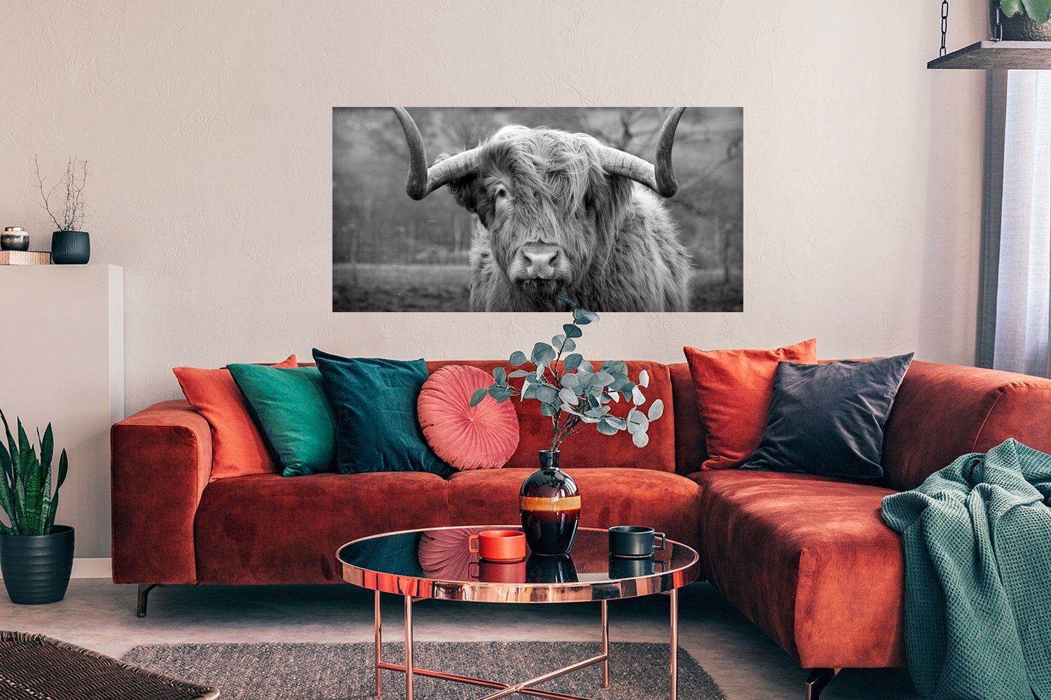 MuchoWow Poster Schottischer - Wanddeko Ohne Schlafzimmer, Wandposter, St), - für (1 - Wohnzimmer, Kuh, Rahmen, Kuhkopf Landschaft Highlander - Bild Natur