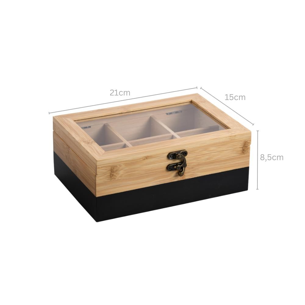 Kesper Aufbewahrungsbox Tee-Box aus FSC®-zertifiziertem Bambus, 21,5x15x8,5 cm, 6 Fächer, Mit Sichtfenster, Retro-Verschluss, Farbe Schwarz-Natur – Bild 3 von 3