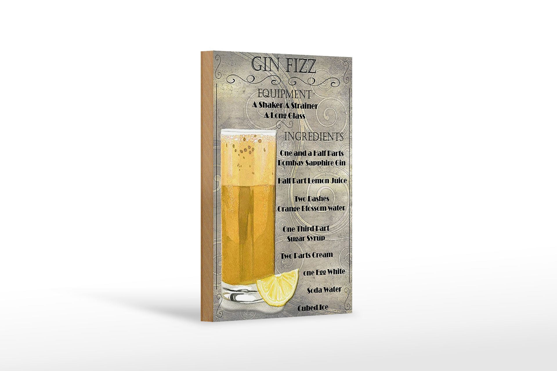 Holzbild 12x18cm Gin Fizz Equipment ingredients