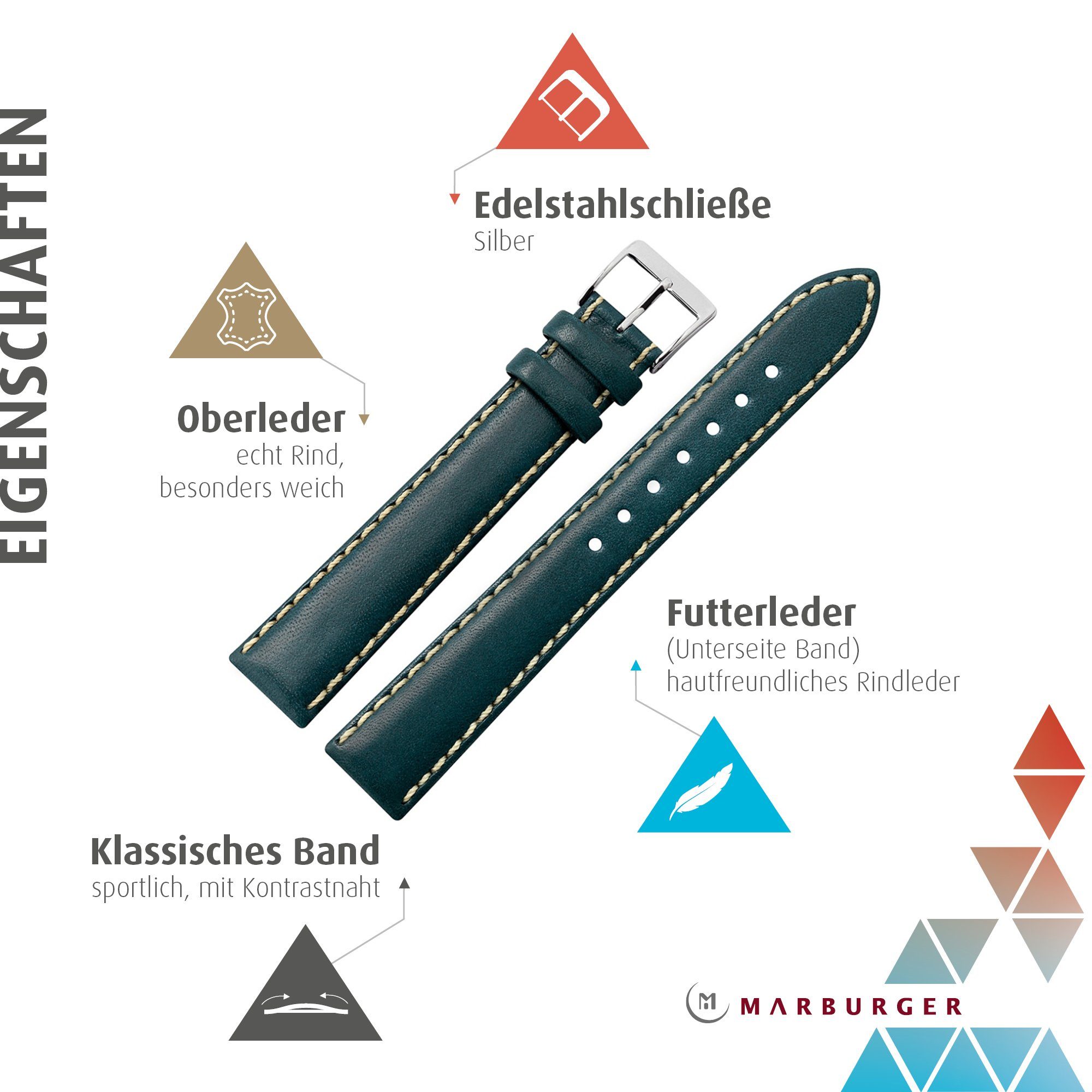 MARBURGER Uhrenarmband 22mm Leder XL lang Dunkelblau/Silber extra