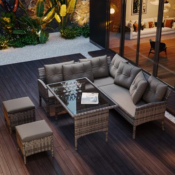 MODFU Gartenlounge-Set 7-Sitzer L-förmiges Gartenmöbel, (Polyrattan Sitzgruppe Essgruppe), für 7 Personen, mit Sofa, Tisch, Hocker & Kissen