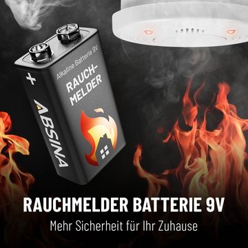 ABSINA Rauchmelder Batterie 9V Block - 16er Pack Alkaline 9V Block Batterien langlebig & auslaufsicher - Blockbatterien für Feuermelder, Bewegungsmelder, Kohlenmonoxid, Warnmelder & Rauchwarnmelder Batterie