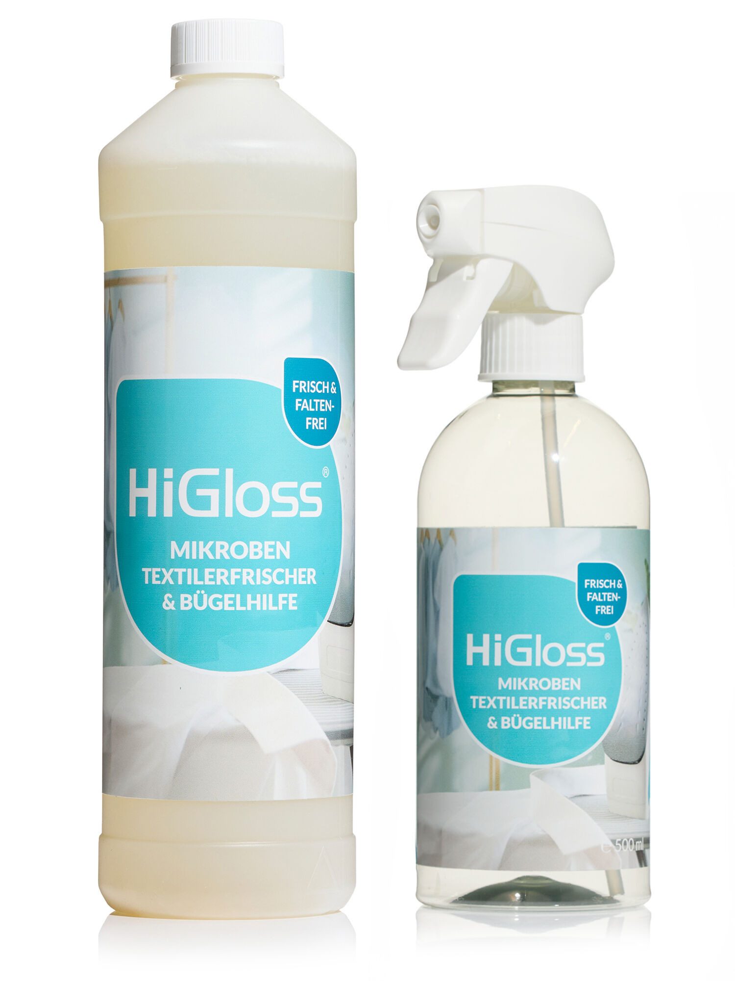 HiGloss Bügelspray Textilerfrischer und Bügelhilfe, faltenfrei, 1000 ml + Sprühflasche, 2 St., entfernt Gerüche, glättet Falten - inkl. Sprühflasche