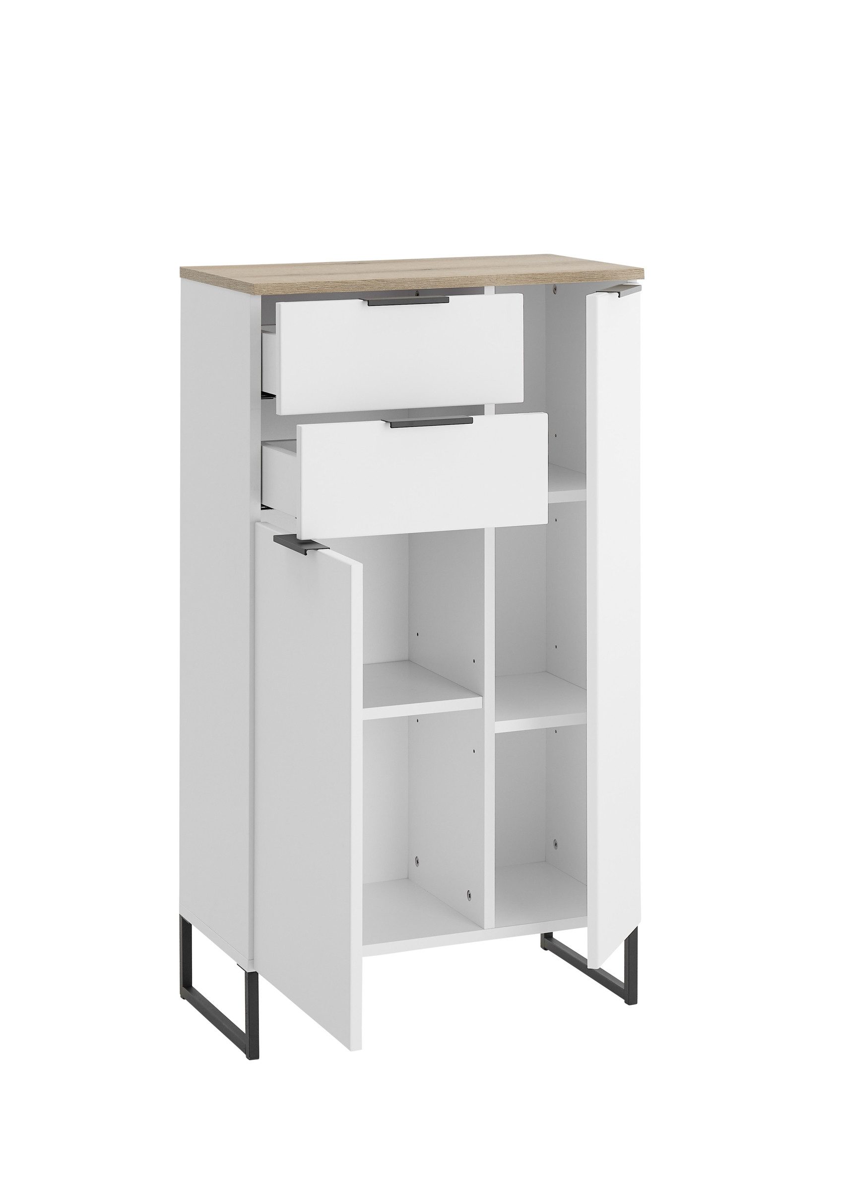 PREISBRECHER Badkommode Denver, 2 Türen/Schübe, weiß / eiche Dekor - 60x106x32 (BxHxT)