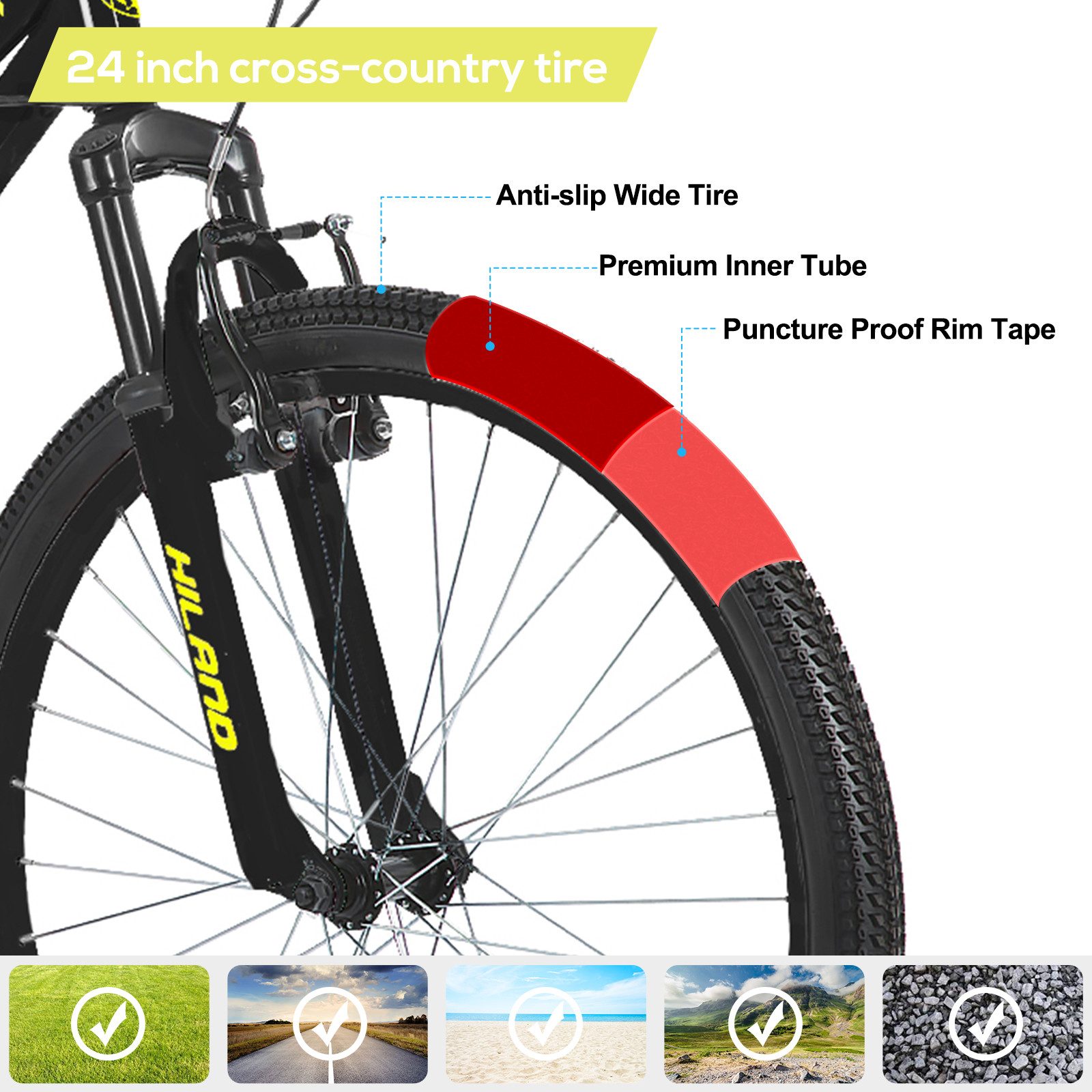 HILAND Mountainbike 24 Zoll Kinderfahrrad ab 6-12 Jahre alt MTB Studenten-Pendlerfahrrad, mit Federgabel 7 Gang, V-Bremse, Hochwertiger Rahmen