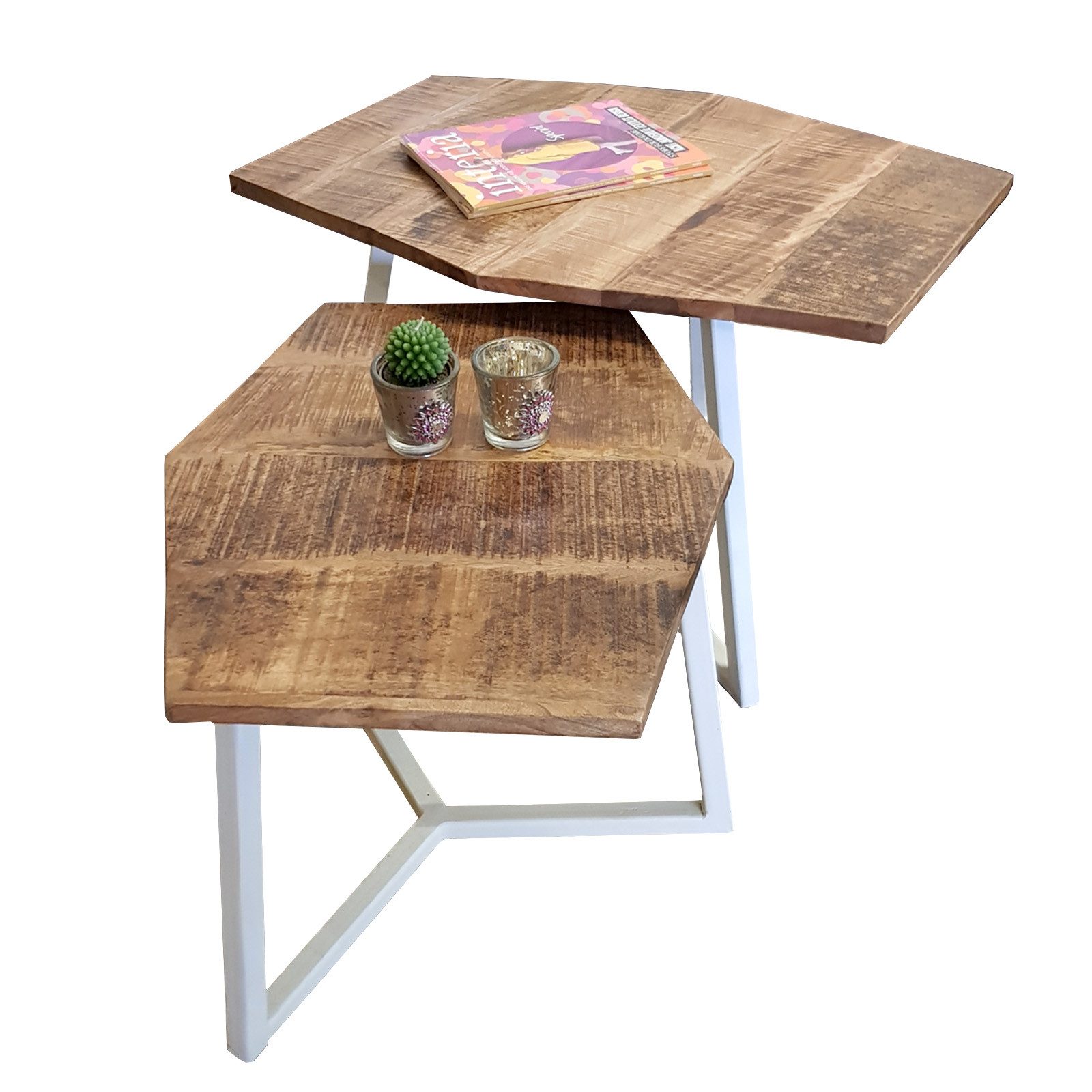 Amagohome Couchtisch 2er-Set sechseckige Couchtische München aus massivem Mangoholz & Eisen