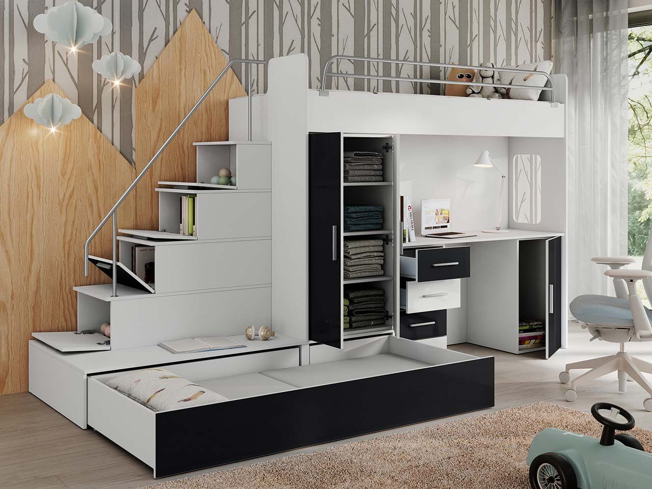 Kleiderschrank, mit Schreibtisch, (Zwei und zwei einem Schrank 5 EDEN MKS MÖBEL mit Jugendbett Schwarz Treppe Schreibtisch, Betten, Schließfächern), Betten, einem