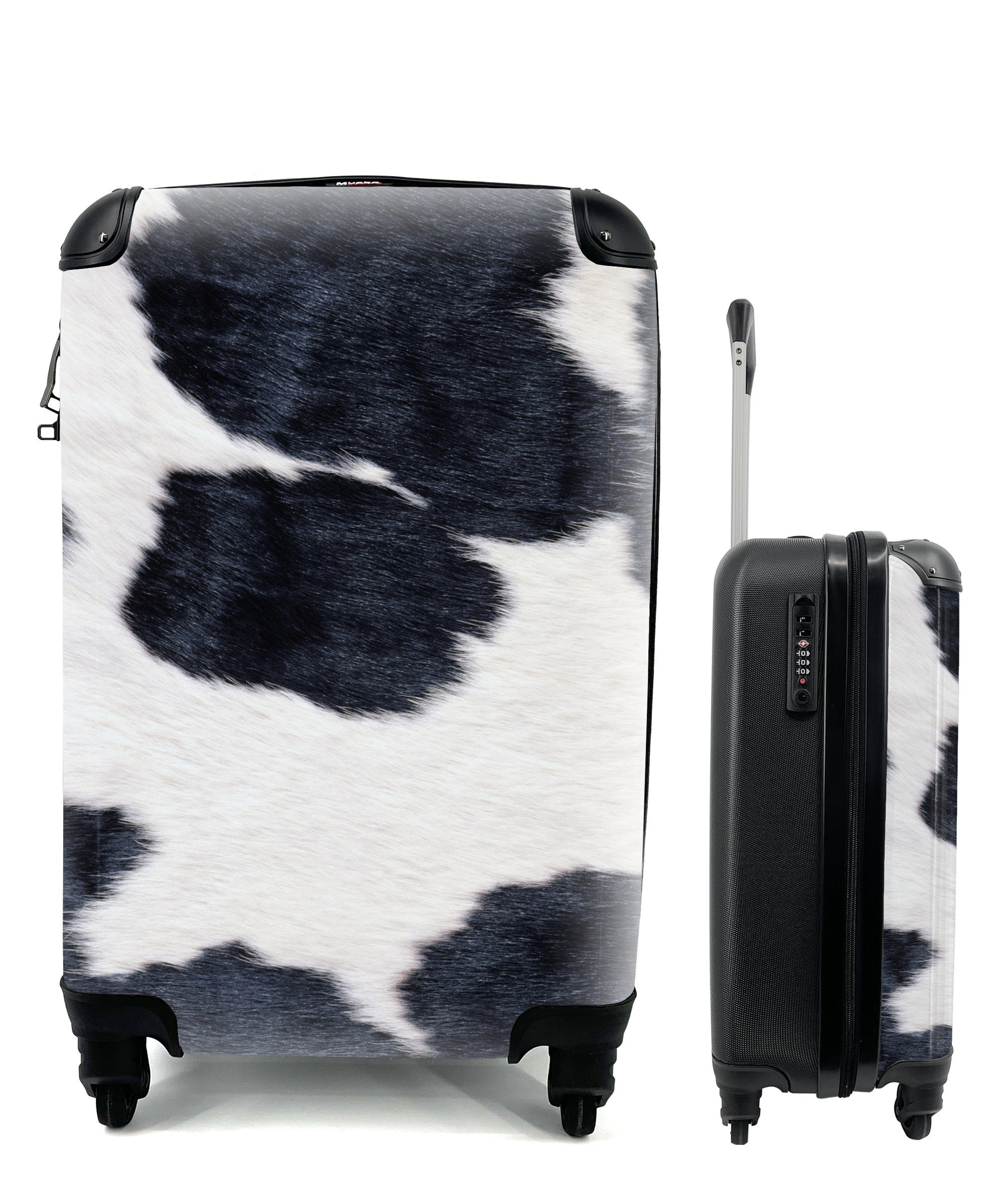 MuchoWow Handgepäckkoffer Bild einer schwarzen und weißen Kuhhaut, 4 Rollen, Reisetasche mit rollen, Handgepäck für Ferien, Trolley, Reisekoffer