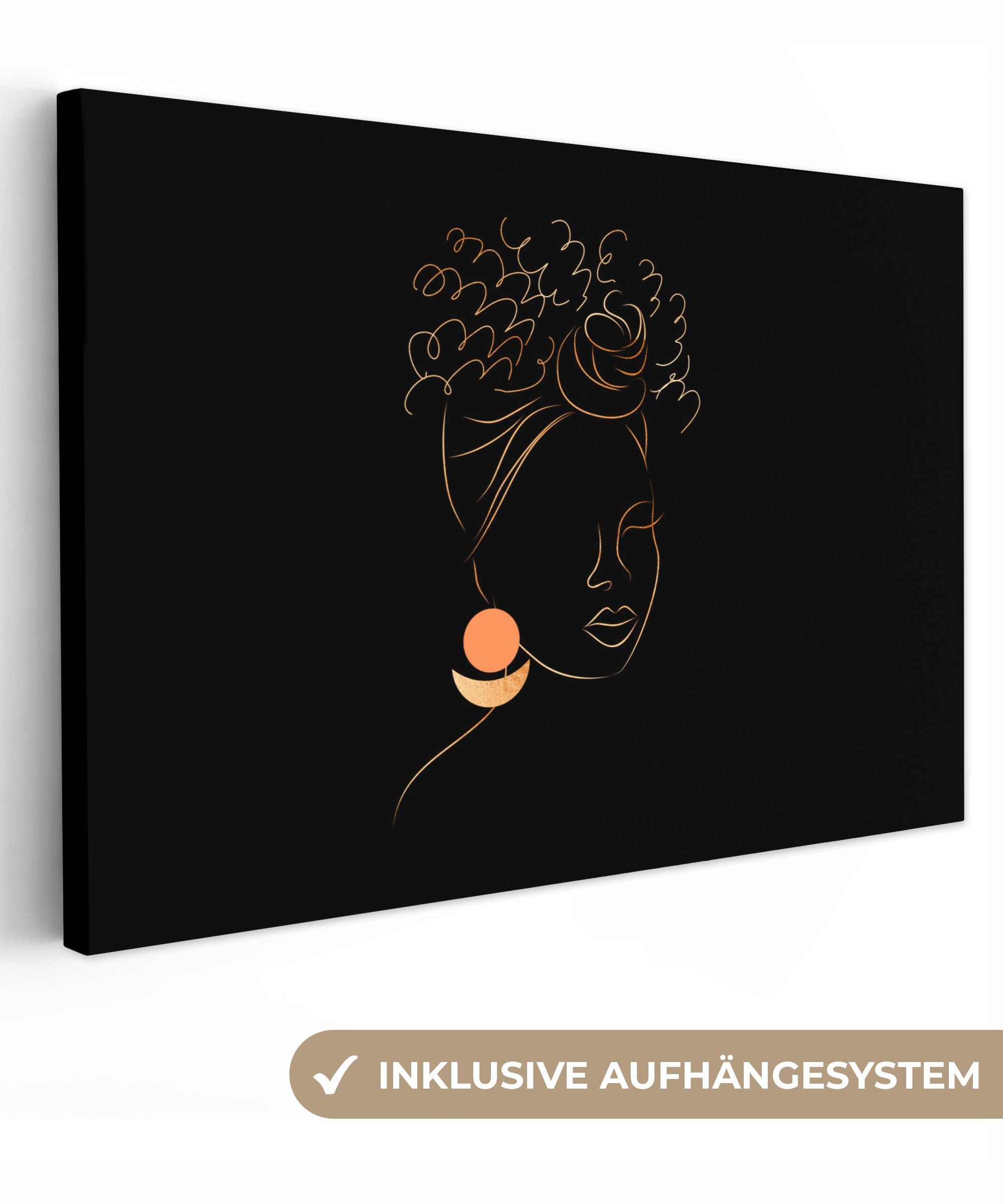 OneMillionCanvasses® Leinwandbild Frau - Gold - Schwarz - Strichzeichnung, (1 St), Wandbild Leinwandbilder, Aufhängefertig, Wanddeko, 30x20 cm