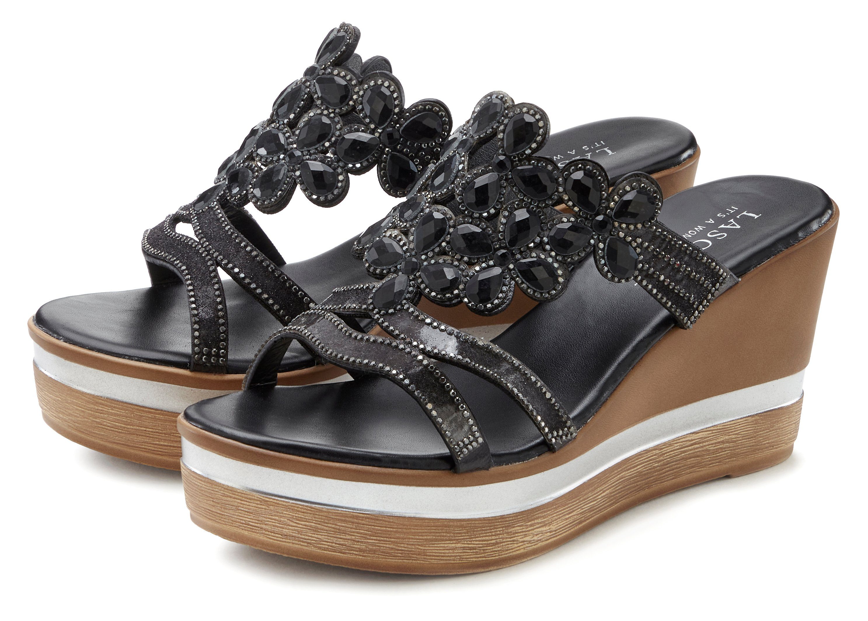 LASCANA Pantolette Mule, Sandale, offener Schuh mit Keilabsatz und aufwendiger Verzierung schwarz