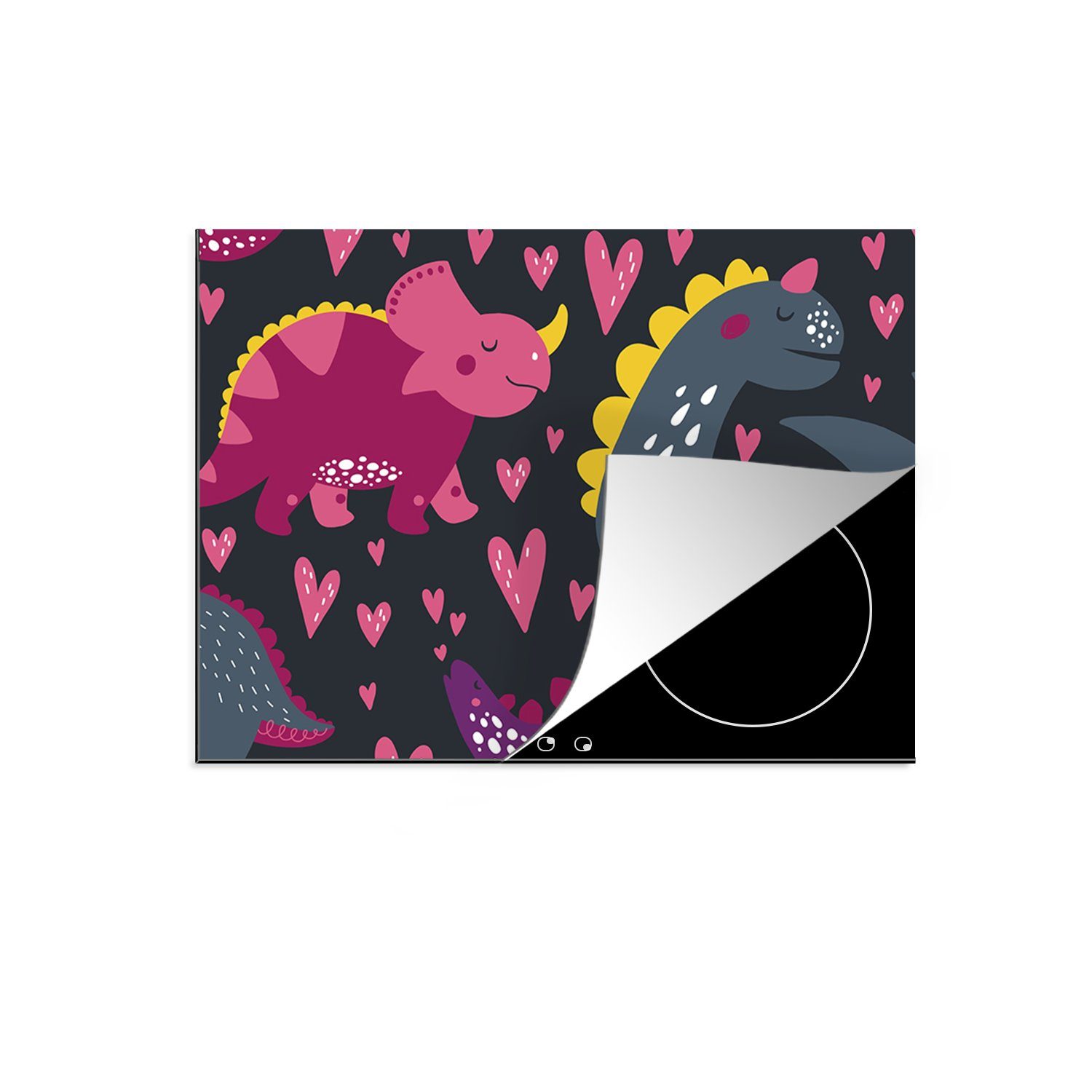 MuchoWow Herdblende-/Abdeckplatte Dinosaurier - Kind - Muster - Rosa - Mädchen, Vinyl, (1 tlg), 70x52 cm, Mobile Arbeitsfläche nutzbar, Ceranfeldabdeckung | Herdabdeckplatten