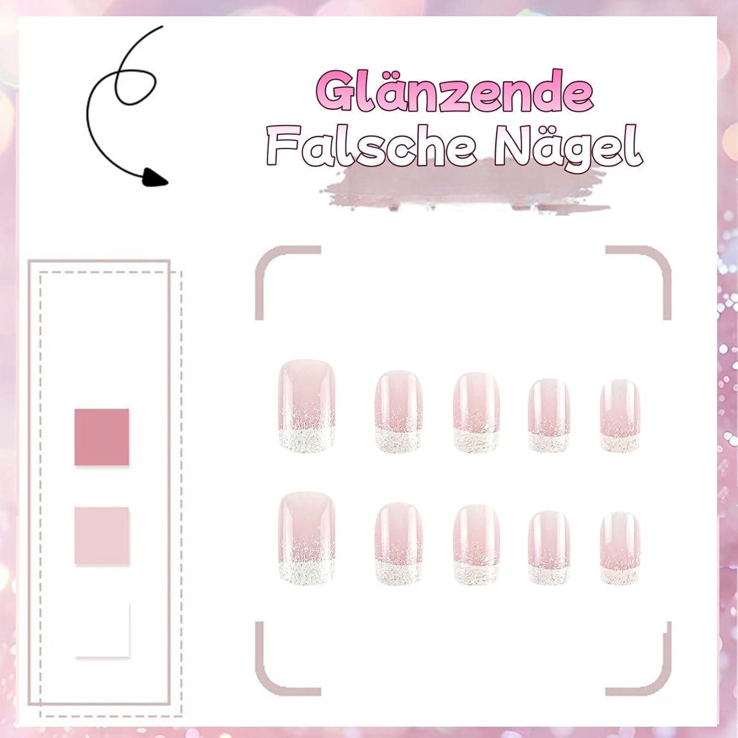 LuxusKollektion Kunstfingernägel Falsche Nägel 24 Stück French Rosa French Glitter 1 ml (1er Pack)