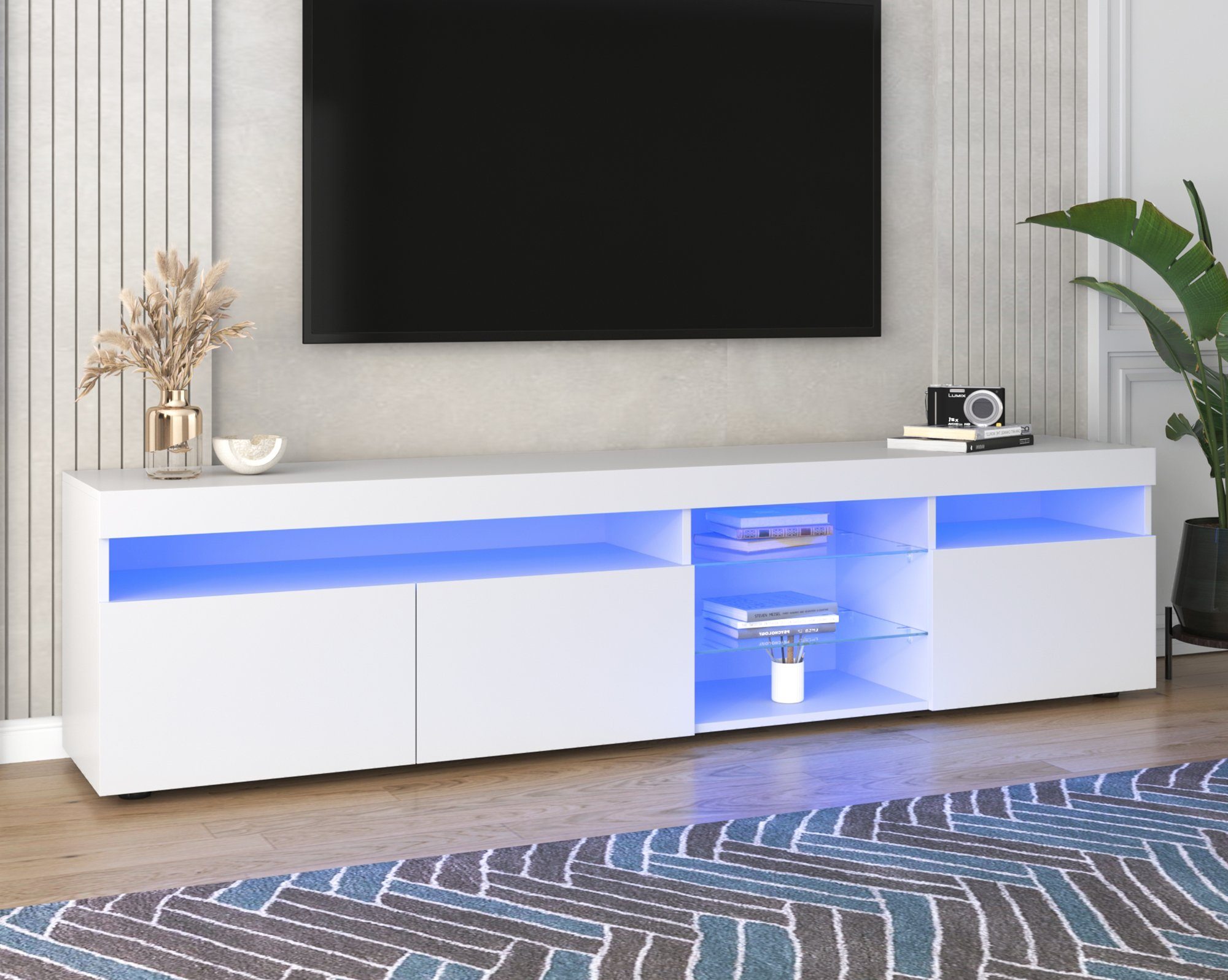 Lowboard (1 St), TV-Schrank Fernsehtisch mit 16 Led Farben Beleuchtung, Glasablage, 3 Türen, Breite 180 cm