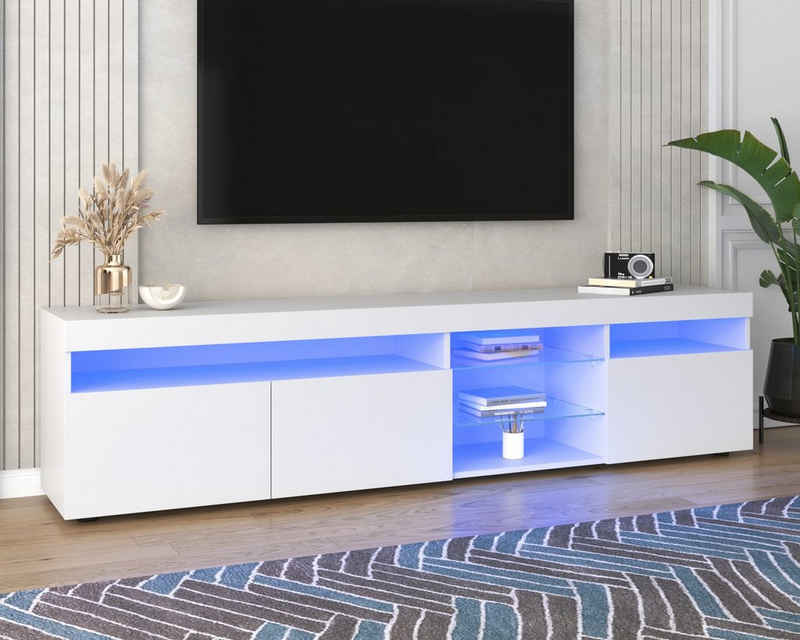 PHOEBE CAT Lowboard (1 St), TV-Schrank Fernsehtisch mit 16 Led Farben Beleuchtung, Glasablage, 3 Türen, Breite 180 cm