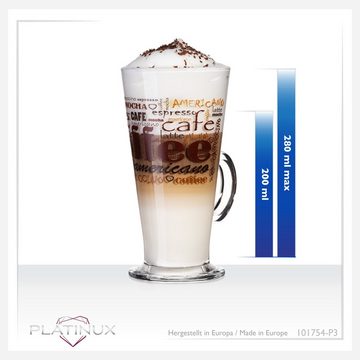 PLATINUX Latte-Macchiato-Glas Kaffeegläser mit Kaffee-Motiv, Glas, mit Griff Set 3-Teilig 200ml (max. 280ml) Glas Latte Macchiato Gläser