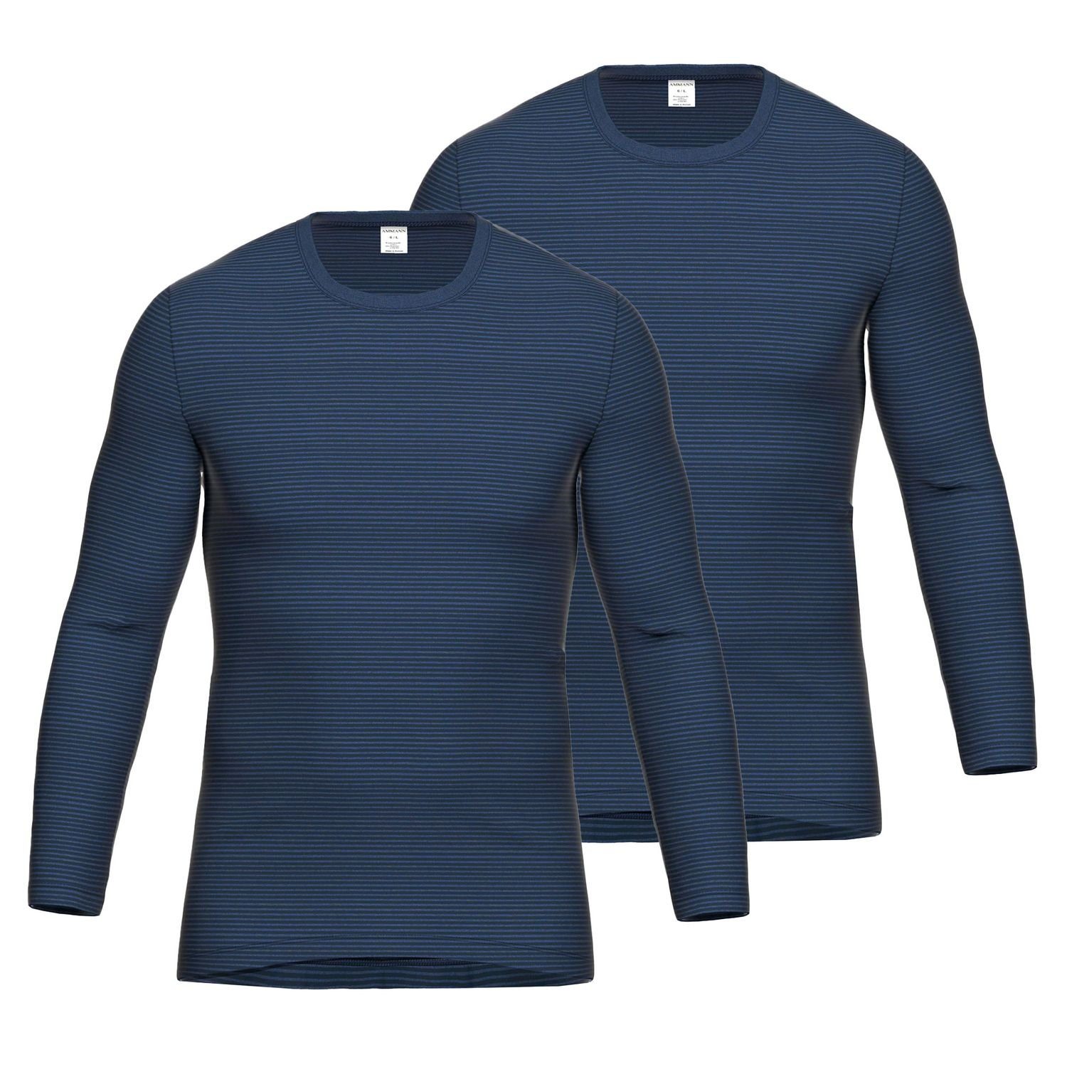 Feinripp Pack Jeans gestreift Blau langarm, Ammann 2er T-Shirt (2-tlg) Rundhalsausschnitt,