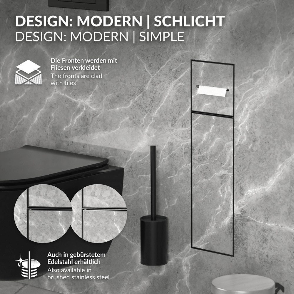 LuxeBath Toilettenpapierhalter Unterputz-Schrankmodul Edelstahl für Klobürstengarnitur befliesbar, Schwarz 60x20x14cm Badezimmerschrank für Toilettenbürste WC W – Bild 3 von 5
