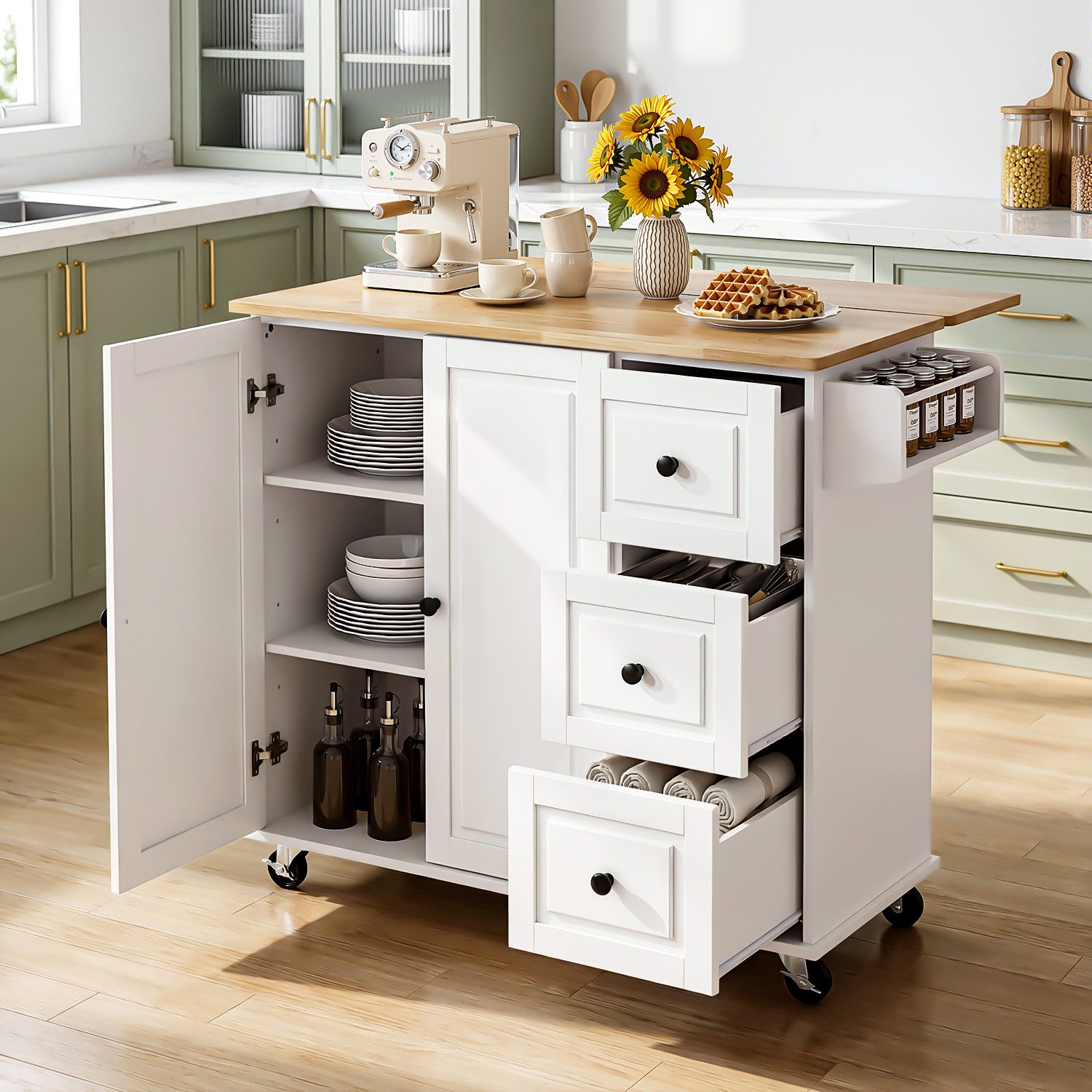 oyajia Küchenwagen mit erweiterbare Arbeitsplatte, Rollen und Handtuchhalter Sideboard, (Kücheninsel Buffetschrank Servierwagen mit verstellbare Ablagen, 1 St., 97 x 40/ 63.5 x 91 cm), mit 3 Schubladen