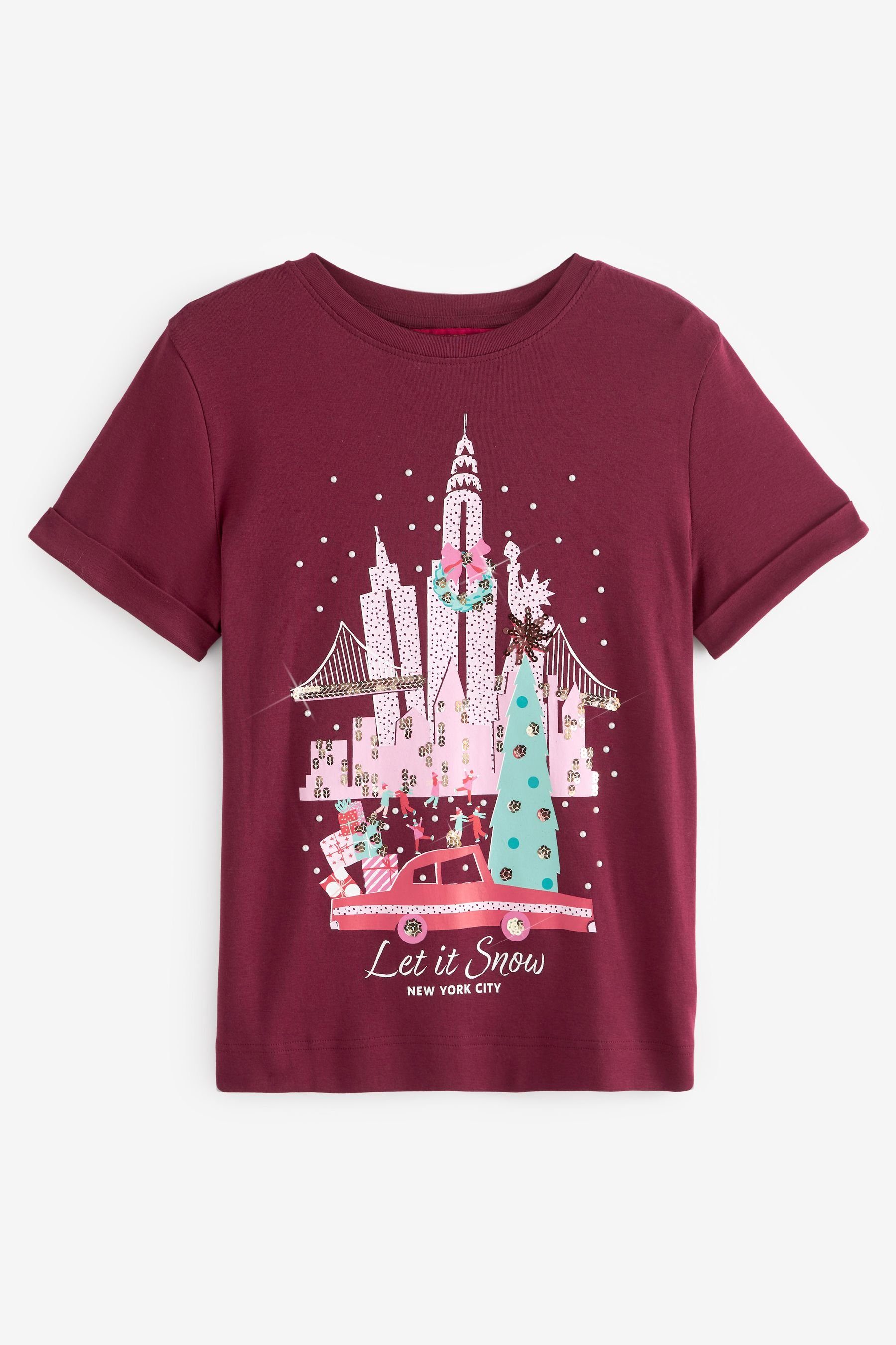 Next T-Shirt Weihnachts-T-Shirt mit Pailletten (1-tlg) Berry Red NYC Scenic