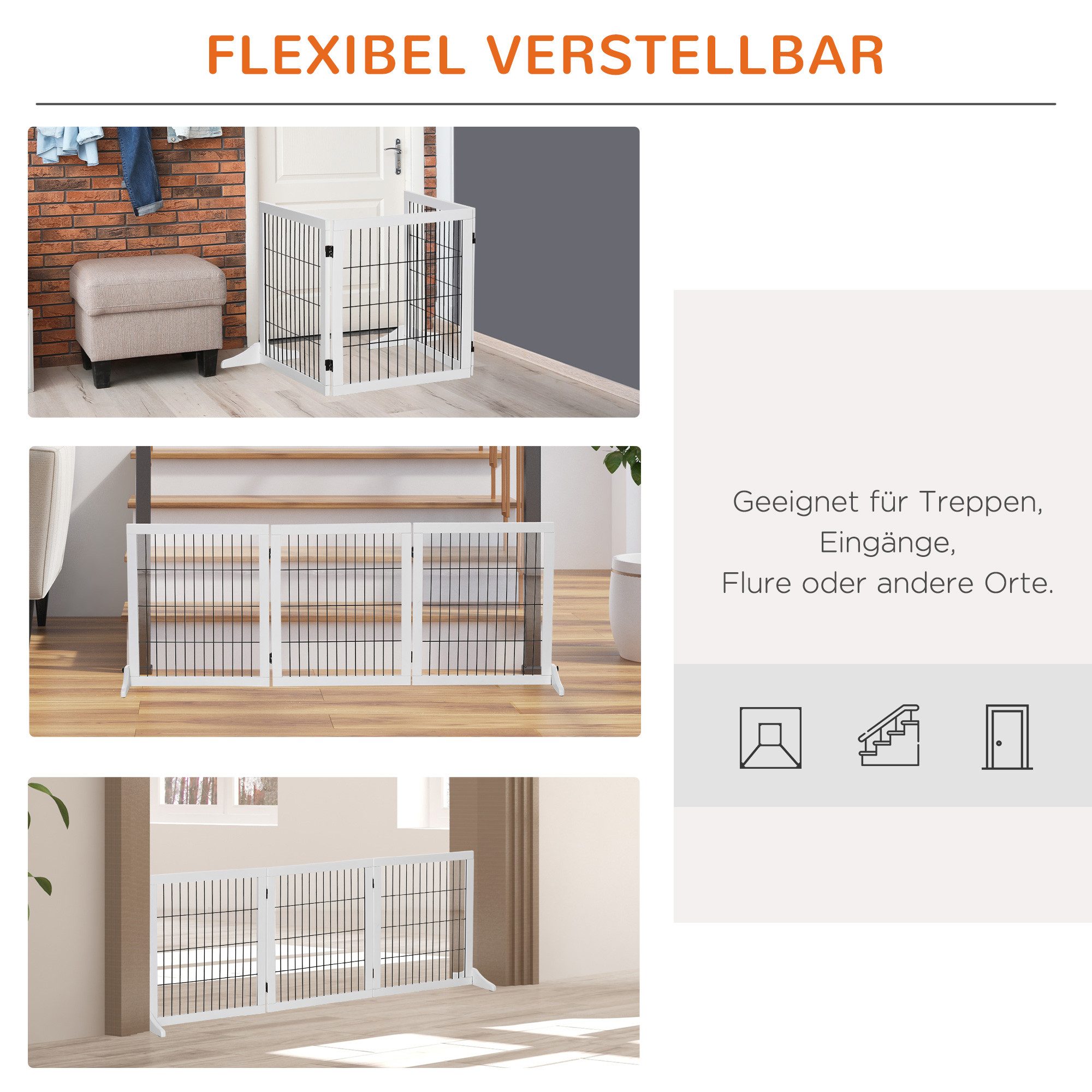 PawHut Hundegitter Absperrgitter Freistehendes Schutzgitter mit Füßen Holz (Hundeabsperrgitter, 1 St., Absperrgitter für Hunde), Weiß 185 x 36 x 71 cm – Bild 4 von 5