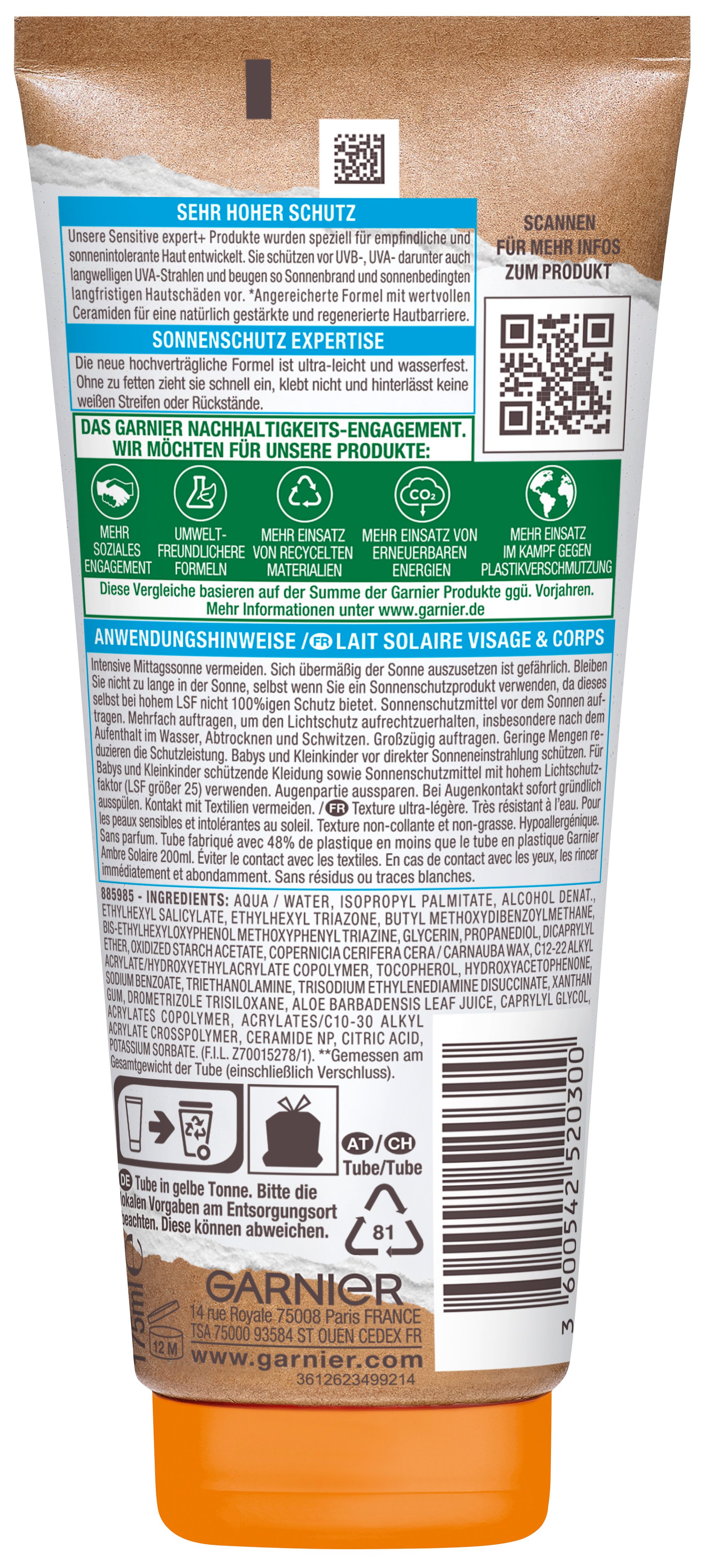 GARNIER Sonnenschutzmilch AMBRE SOLAIRE SENSITVE EXPERT+ LSF50+, schützt, zieht schnell ein, keine Rückstände