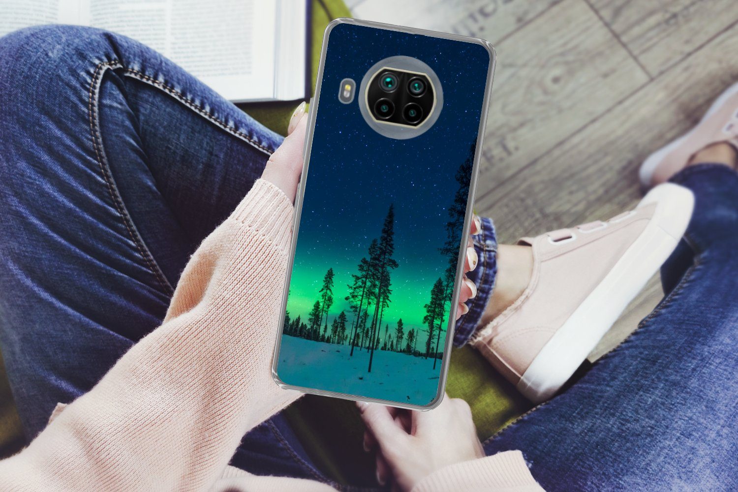 MuchoWow Handyhülle für Xiaomi Mi 10T Lite 5G Nordlicht - Schnee - Bäume - Natur - Grün, Phone Case, Silikon, Schutzhülle Dünn