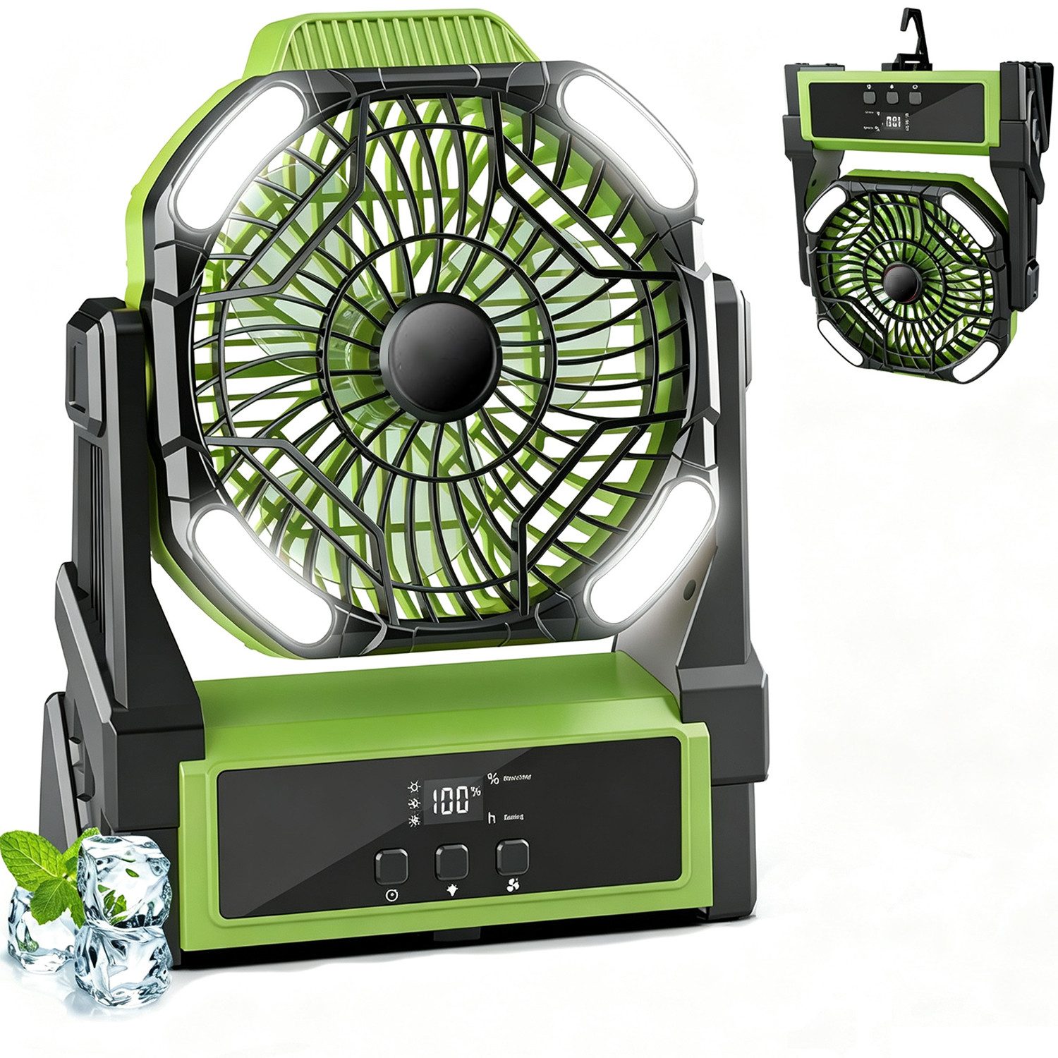 MOPUEA Tischventilator Tragbarer Camping Ventilator, 10000 mAh Akku, mit LED-Beleuchtung, 4 Windstufen, Zeitschaltuhr, für den Außen- und Innenbereich