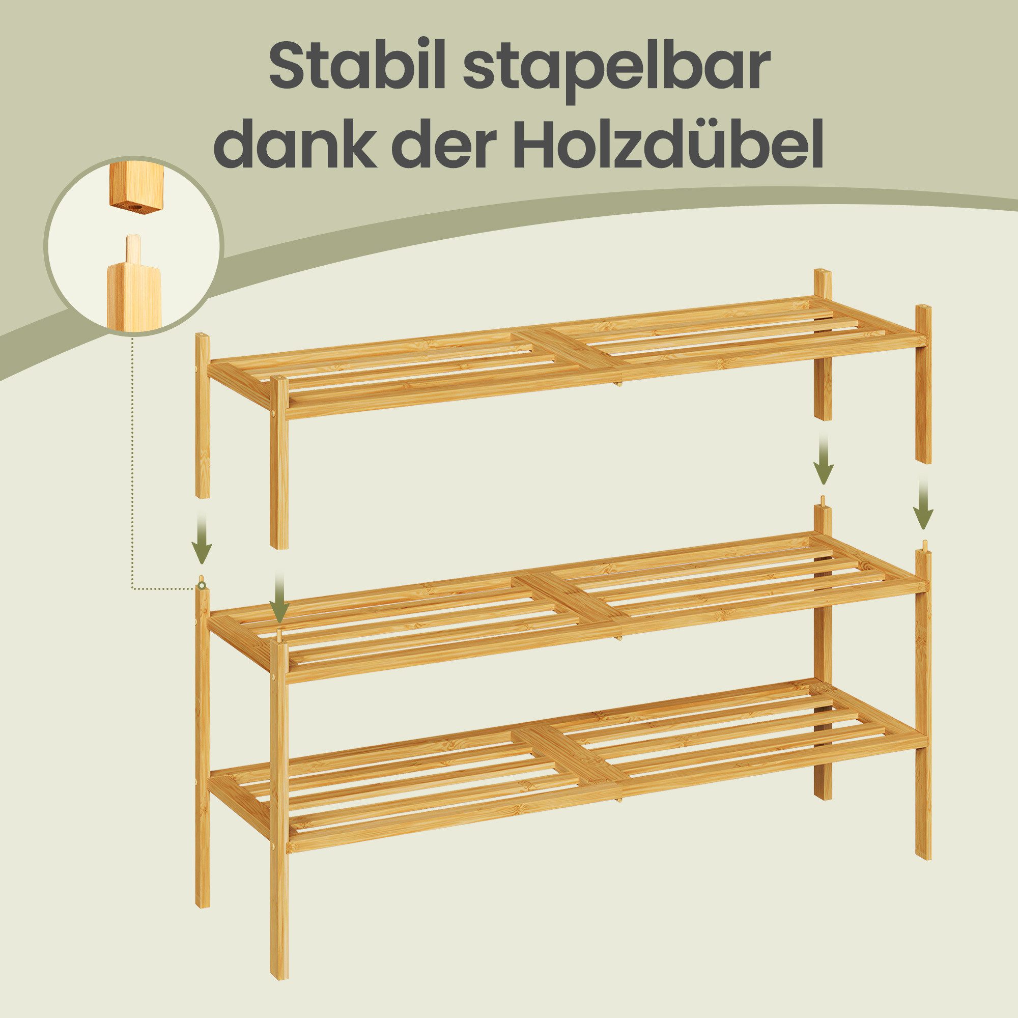 SONGMICS Schuhregal aus Bambus, Schuhablage 3 Ebenen, stapelbar, Regal für 12-16 Paar Schuhe, 25 x 70 x 51,5 cm – Bild 4 von 5