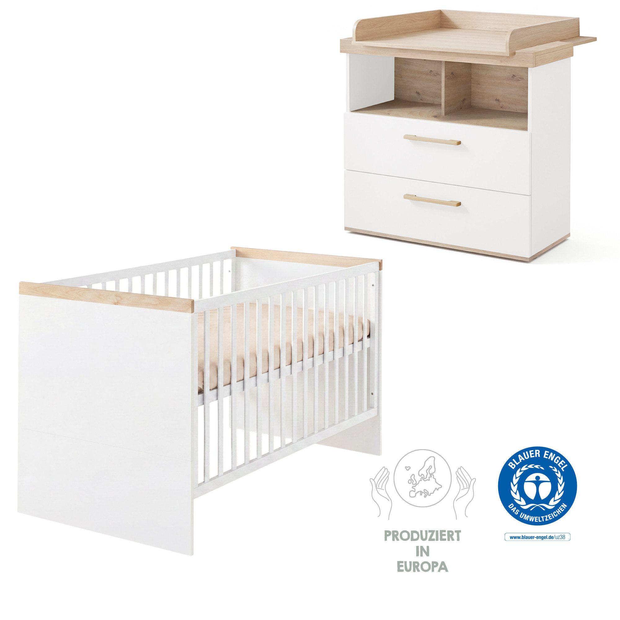 roba® Babymöbel-Set Jimmy 2-teilig - stabil aus Holz - MADE in EUROPE - Dekor in Eiche, (Set, Babybett 70 x 140 cm mitwachsend - Wickelkommode Soft Close Schubladen), Skandi Design - moderne Farben - langlebige Kinderzimmermöbel