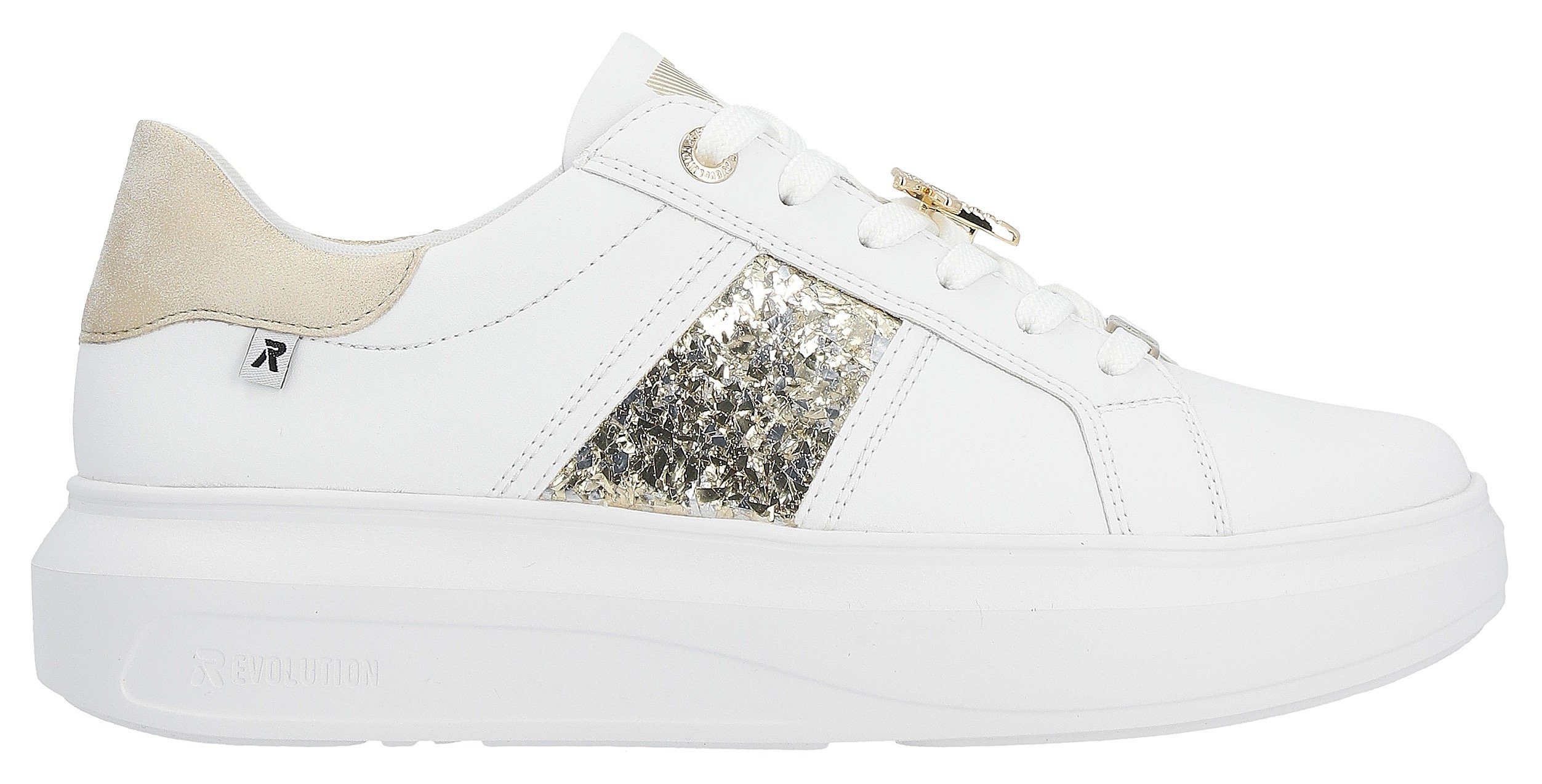 Rieker Metallic-Details Plateausneaker mit weiß-hellbeige-Schmucklibelle EVOLUTION stylischen