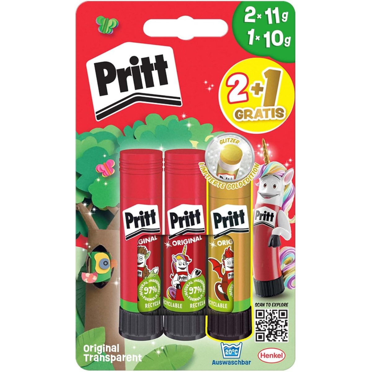 PRITT Klebestift Set mit 2x 11 g Original und 1x 10 g Farbe, (3-tlg)