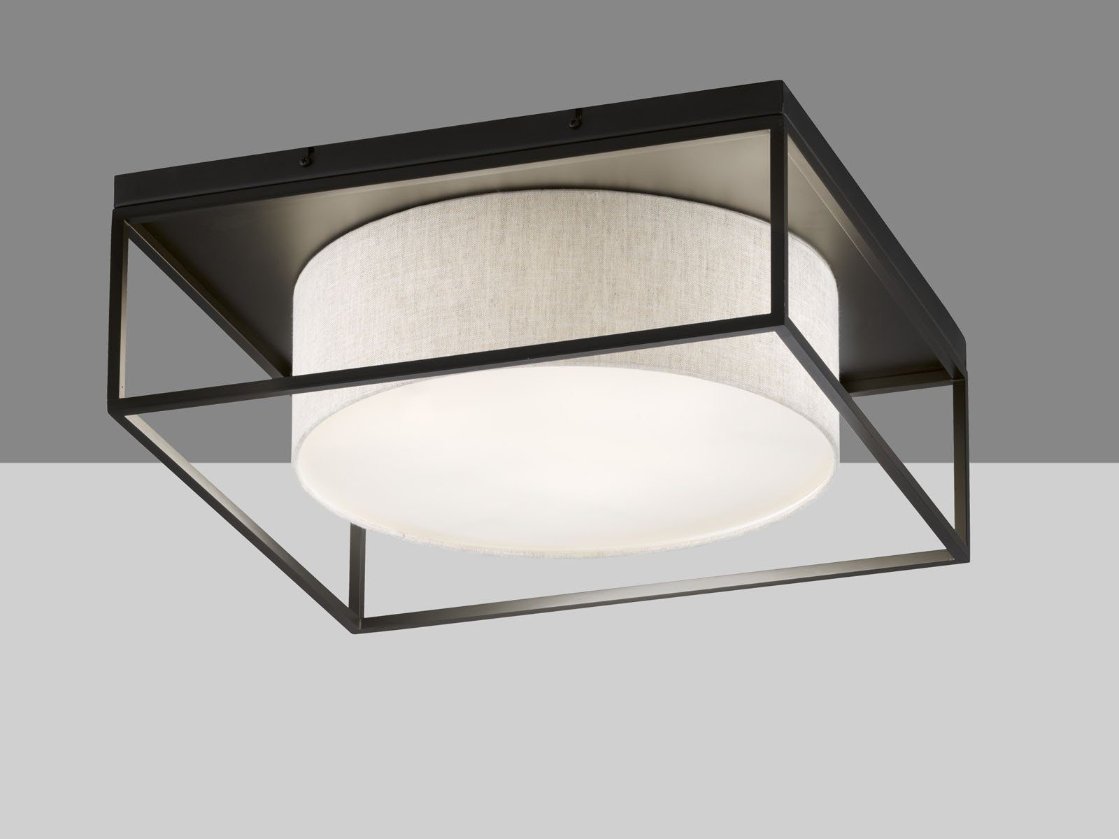 FISCHER & HONSEL LED Deckenleuchte, Dimmfunktion, LED wechselbar, Warmweiß, quadratisch 60x60cm groß, Schwarz mit Lampenschirm Leinen-Stoff Beige