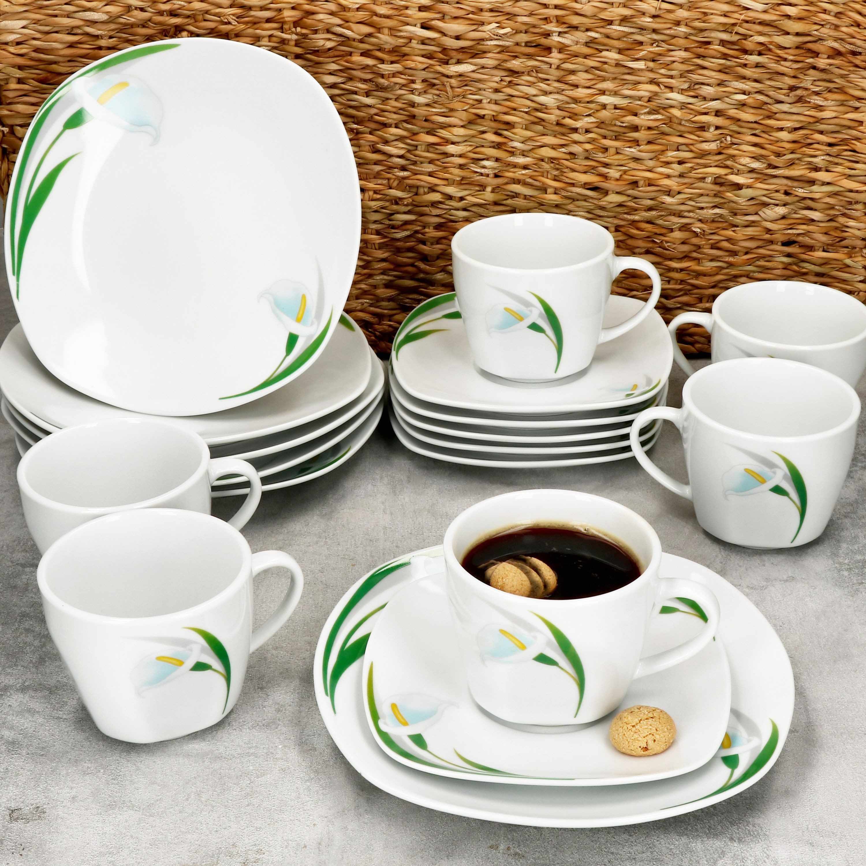 MamboCat Kaffeeservice 18tlg Kaffeeservice White Calla Porzellan 6 Pers. Tassen Untertassen, Porzellan