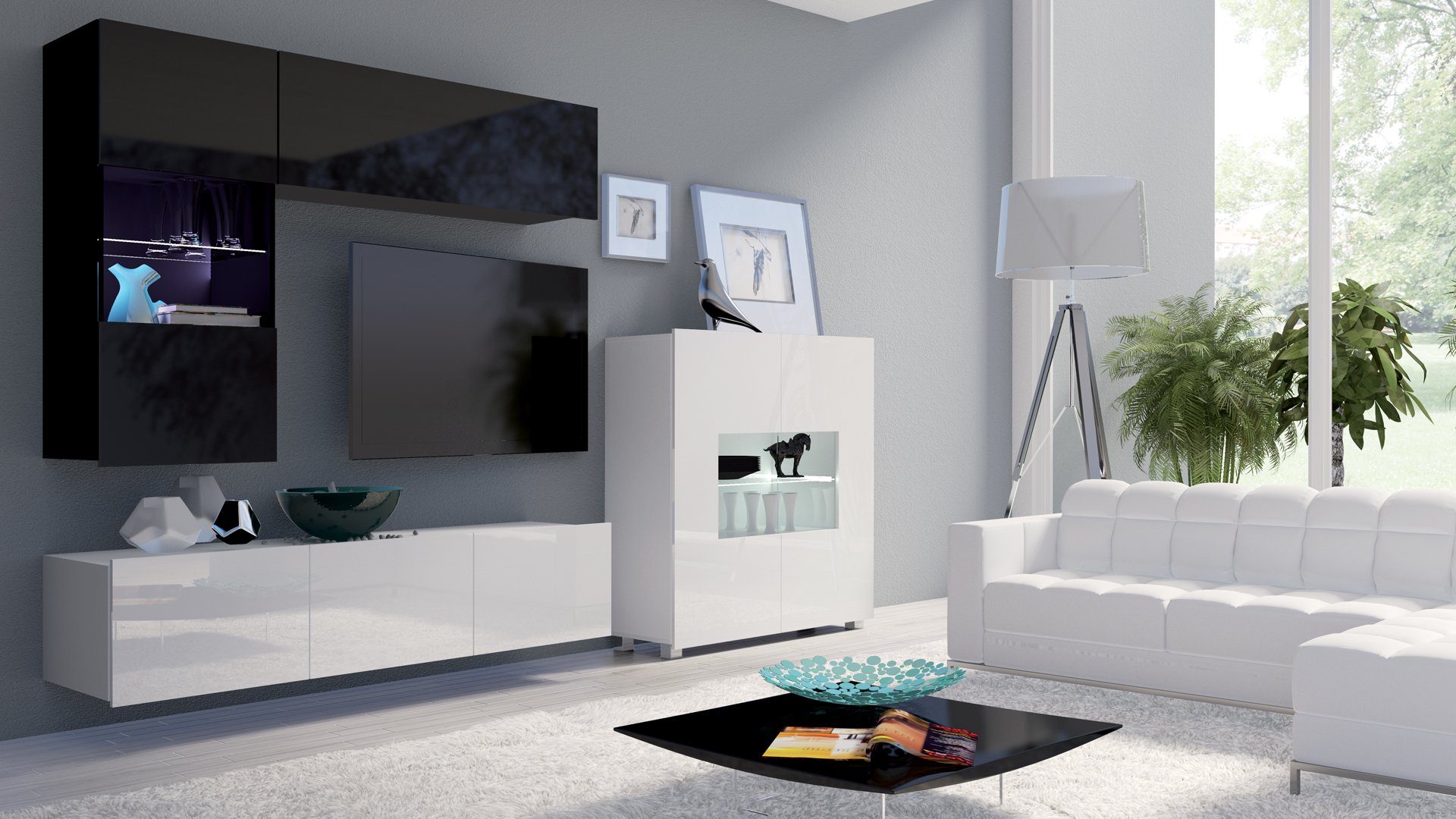 Weiß - LED-Beleuchtung, Design, wahlweise Modern mit Hochglanz 4-teilig, variabel Wohnwand Stylefy (4-St), Hochglanz (Set Bietula, hängbar Wohnzimmer-Set), Schwarz