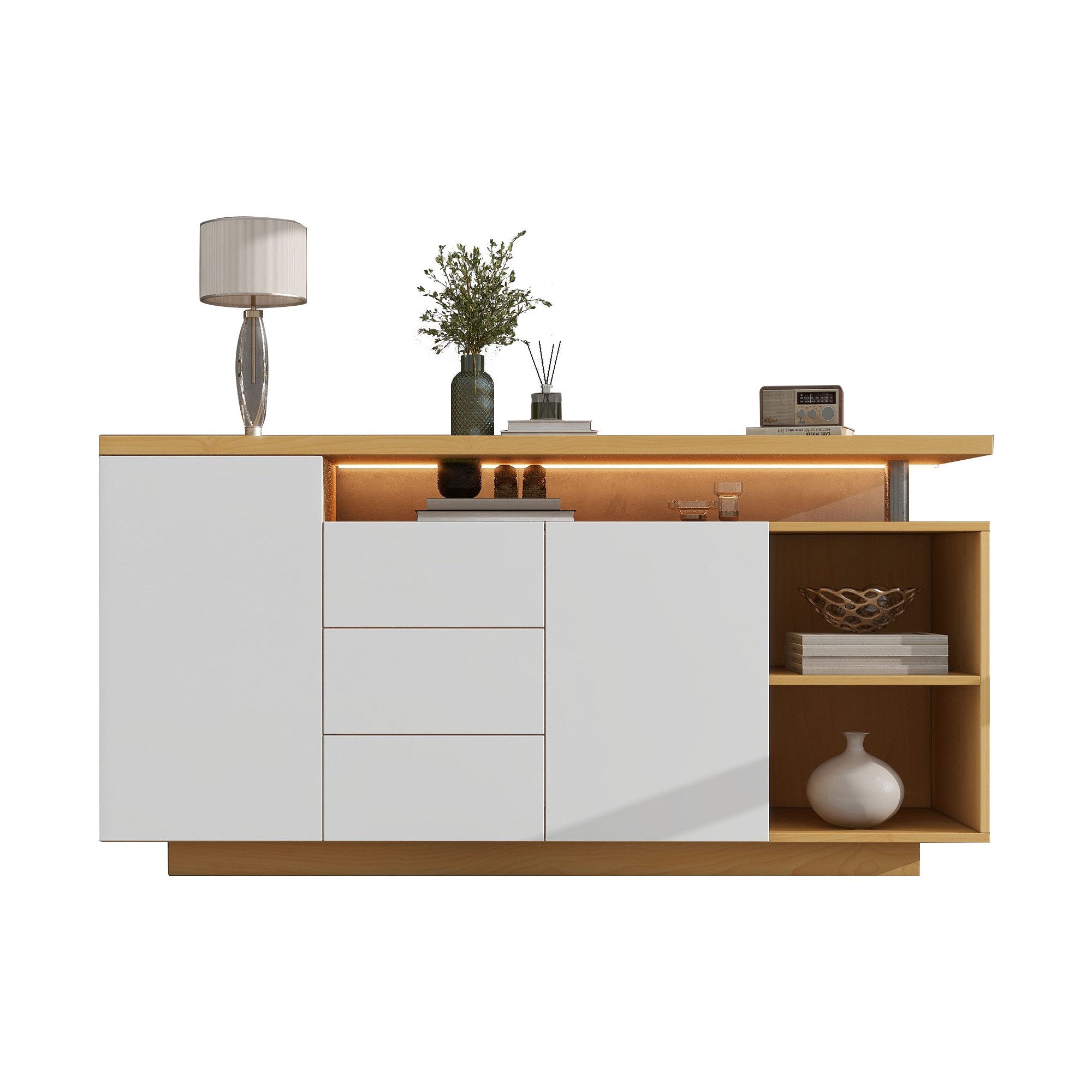 MODFU Sideboard Weiß mit Holzimitat (Kommode, günstig online kaufen