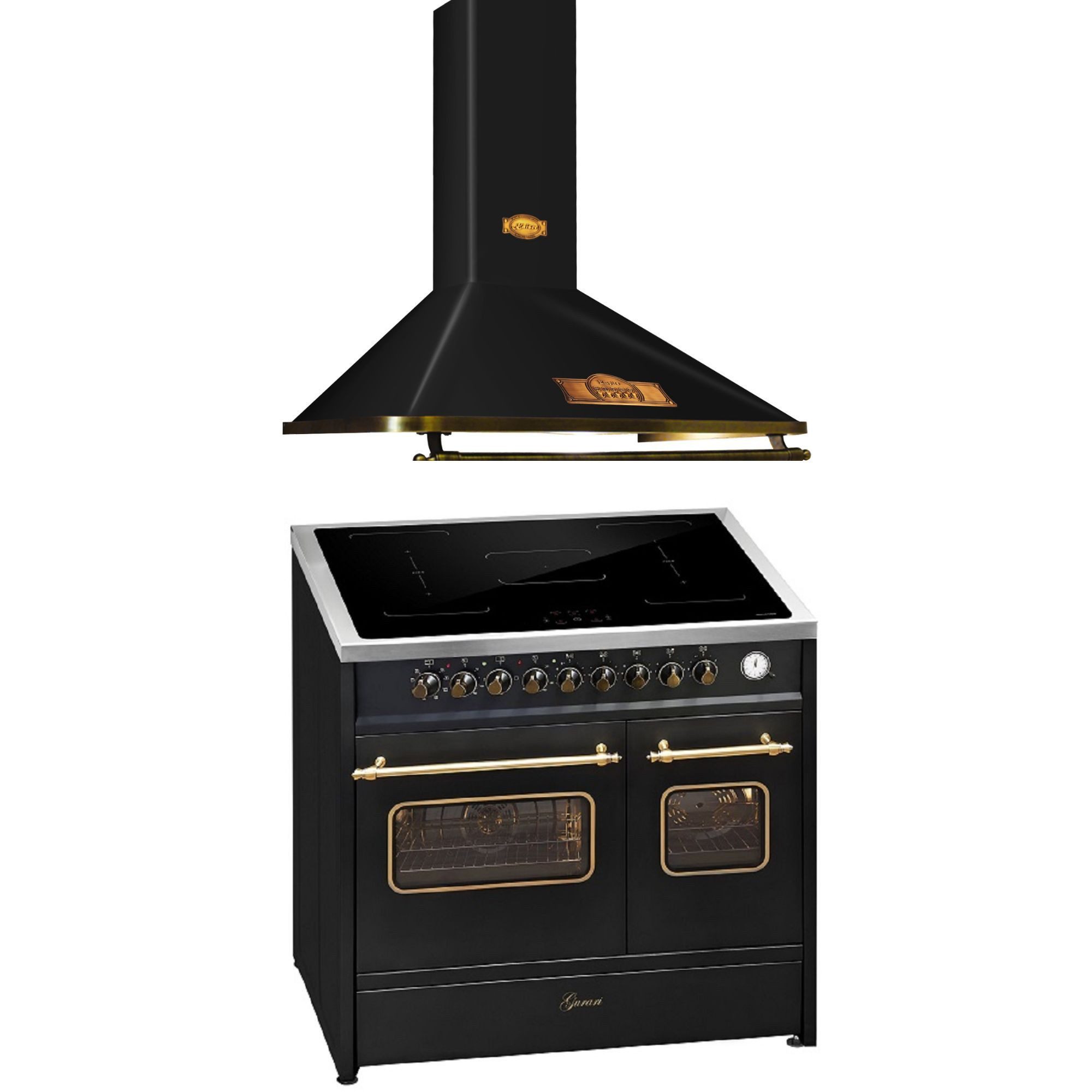 GURARI Induktions-Standherd Retro Elektro Standherd 90 cm, Range Coocker mit FLEX Induktion+Retro Dunstabzugshaube 90 cm E 913 DF RU BL+A 9315 Em ECO., mit 1-fach-Teleskopauszug, Elektro Standherd 90 cm in Schwarz+Dunstabzugshaube 90 cm, Schwarz