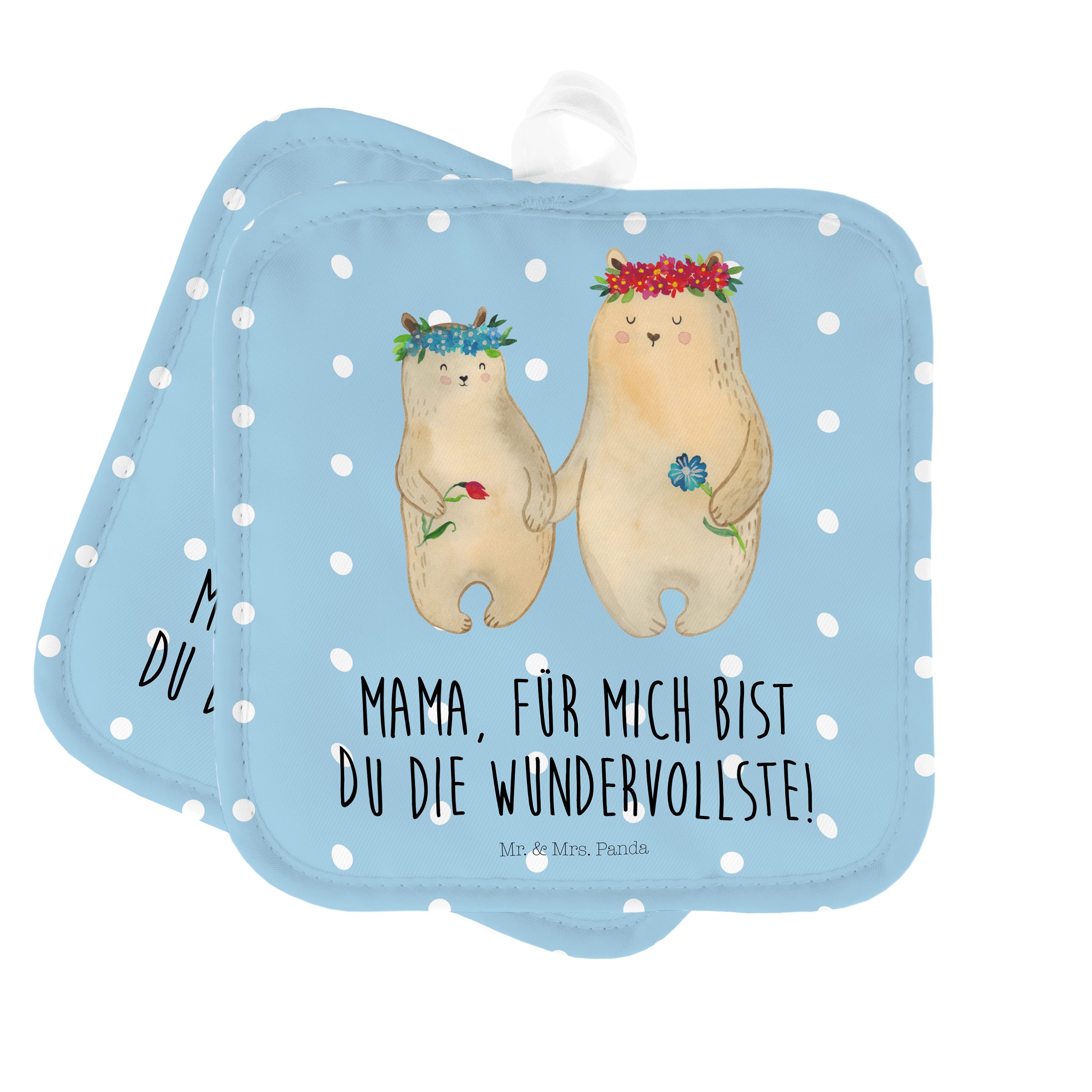 Mr. & Mrs. Panda Topflappen Bären mit Blumenkranz - Blau Pastell - Geschenk, Vorbild, beste Freun, (1-tlg)