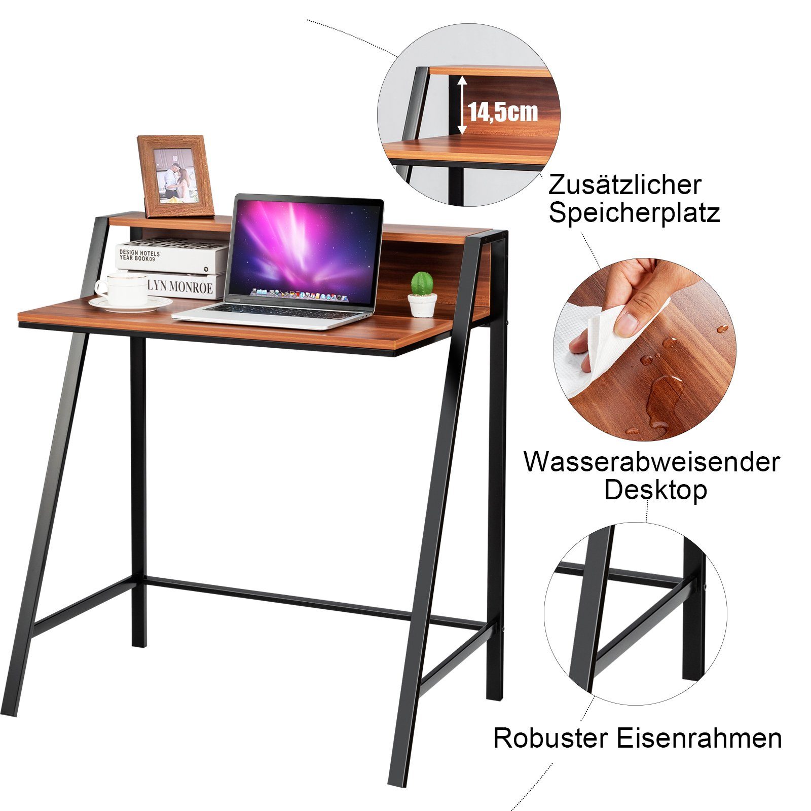 COSTWAY Schreibtisch, Z förmig, 2-stöckig, Metallrahmen, 80x50,5x90,5cm