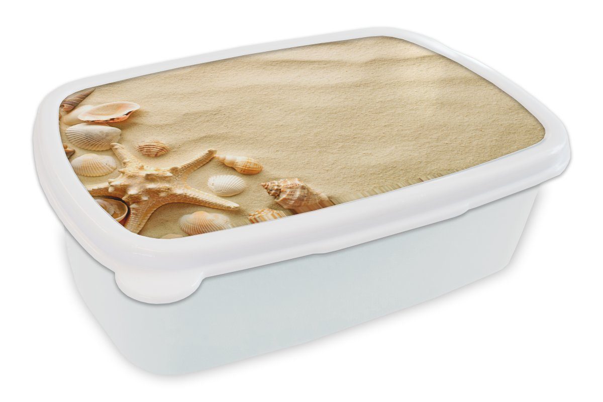 MuchoWow Lunchbox Kinder für Brotbox (2-tlg), weiß Erwachsene, Sand Brotdose, - und Strand, für Jungs und Mädchen Kunststoff, - Muscheln